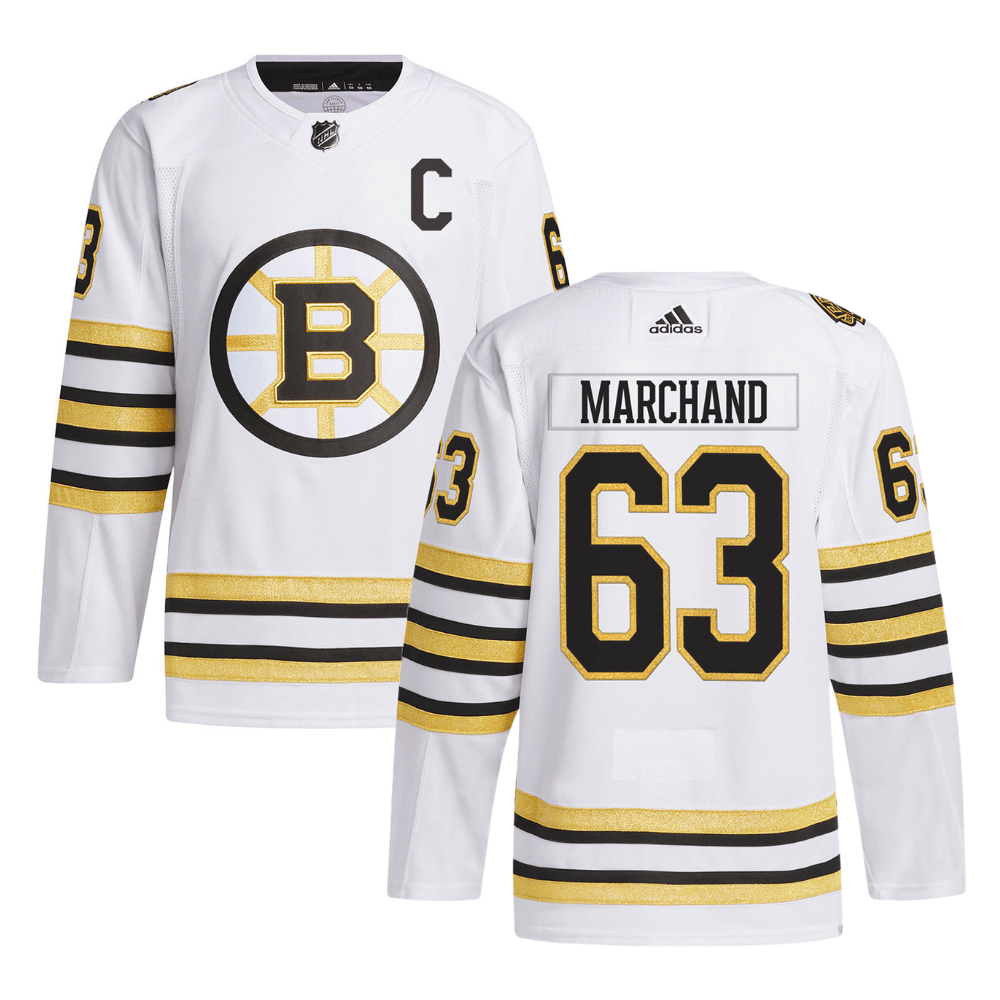 Brad Marchand 63 Boston Bruins 100th Anniversary Primegreen Away White NHL Jersey Men's