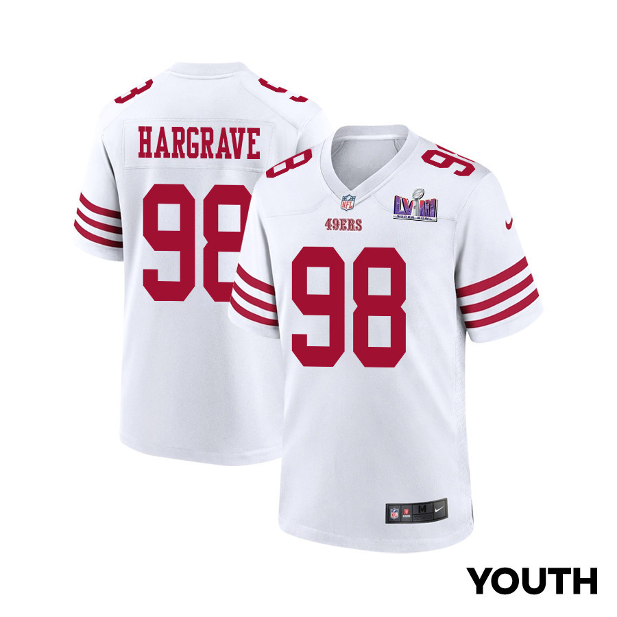 Javon Hargrave 98 San Francisco 49ers Super Bowl LVIII Patch Game White NFL Jersey Youth