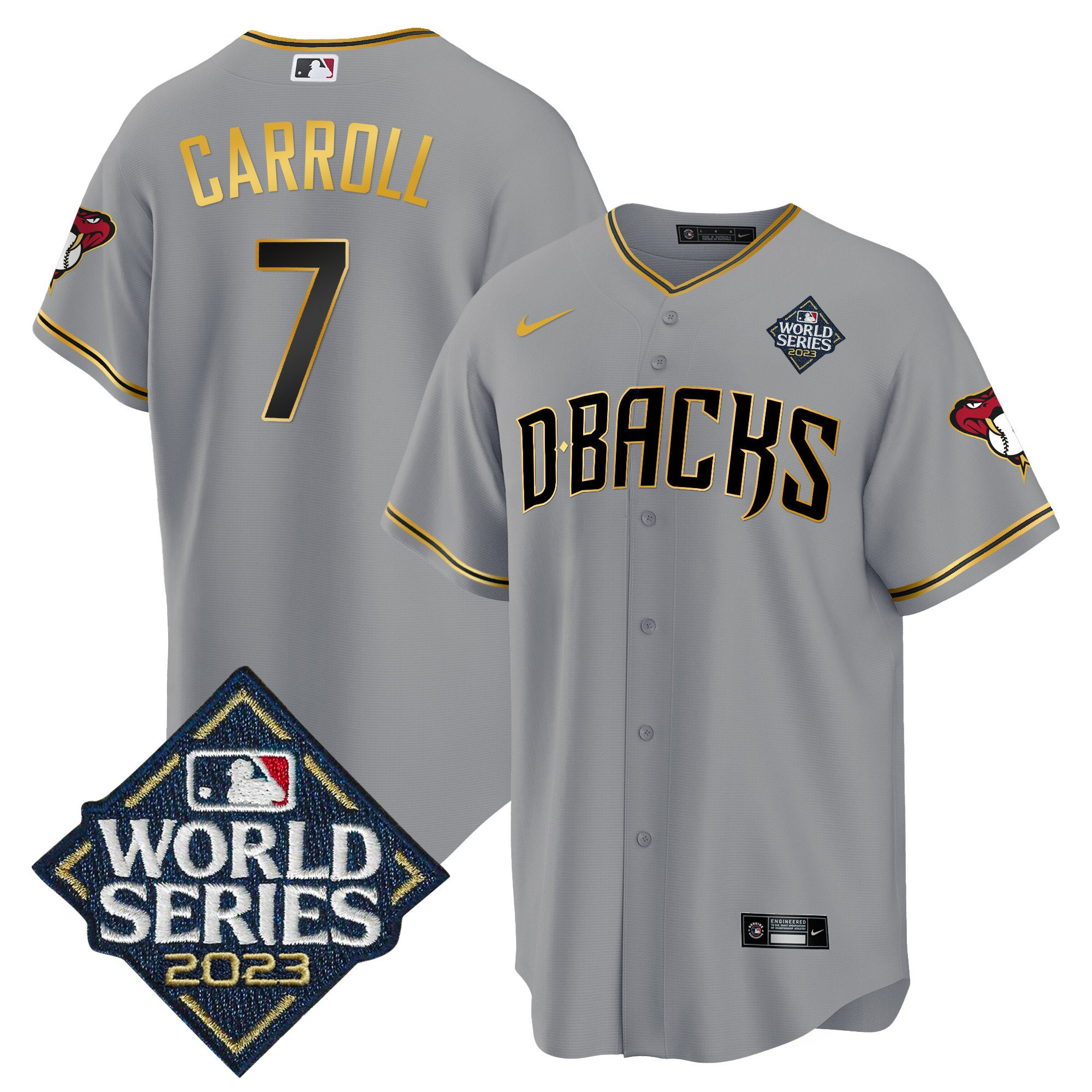 Corbin Carroll 7 Arizona Diamondbacks 2023 World Series Gray Gold MLB Jersey Men's