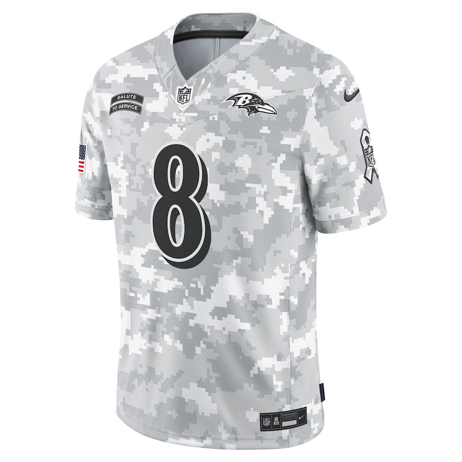 Lamar Jackson 8 Baltimore Ravens 2024 Salute to Service Limited Arctic Camo NFL Jersey Men's