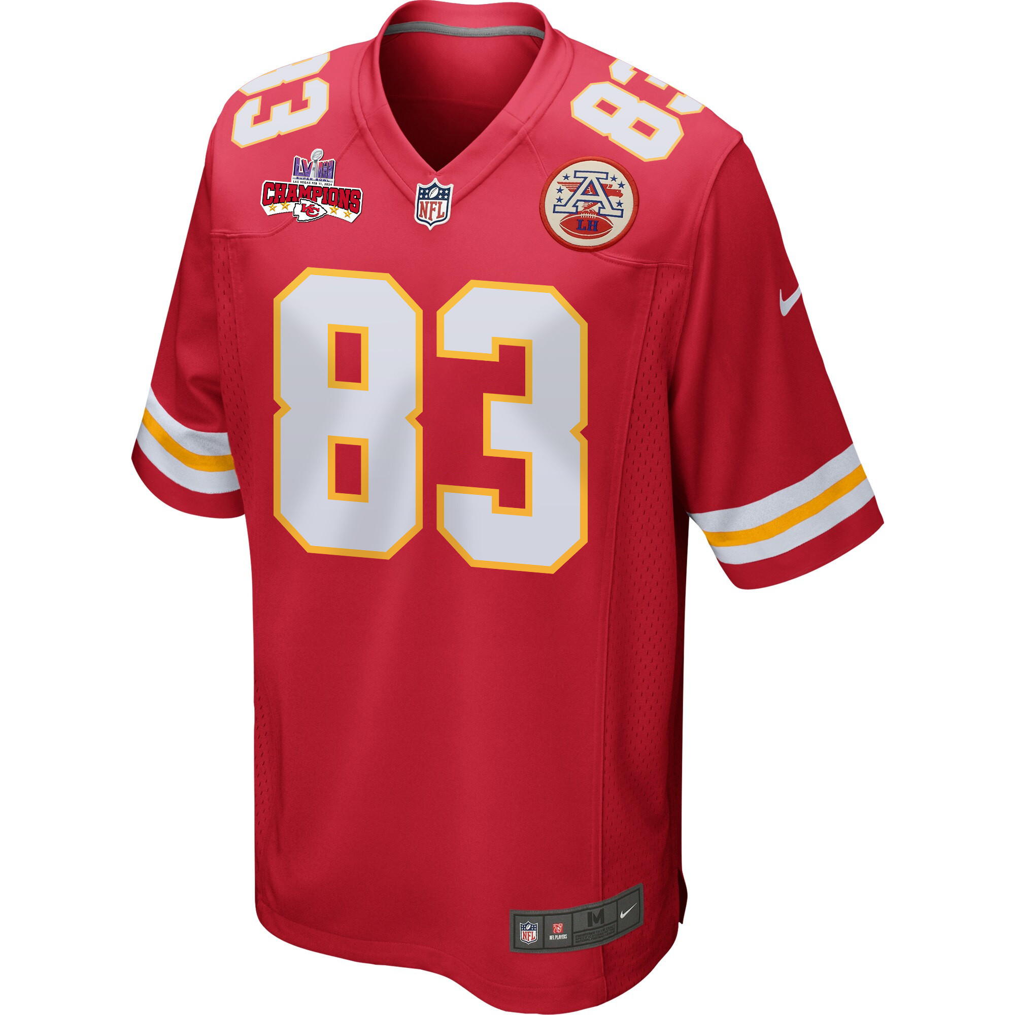 Noah Gray 83 Kansas City Chiefs Super Bowl LVIII Champions 4 Stars Patch Game Red NFL Jersey Men's