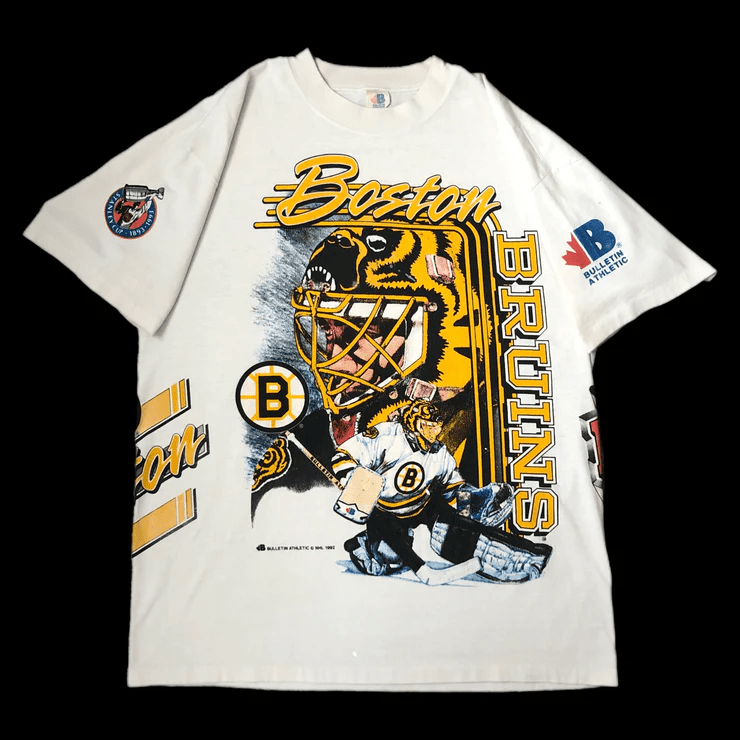 Vintage 1992 Boston Bruins Bulletin Athletic All Over Print T-Shirt White NHL Jersey Men's