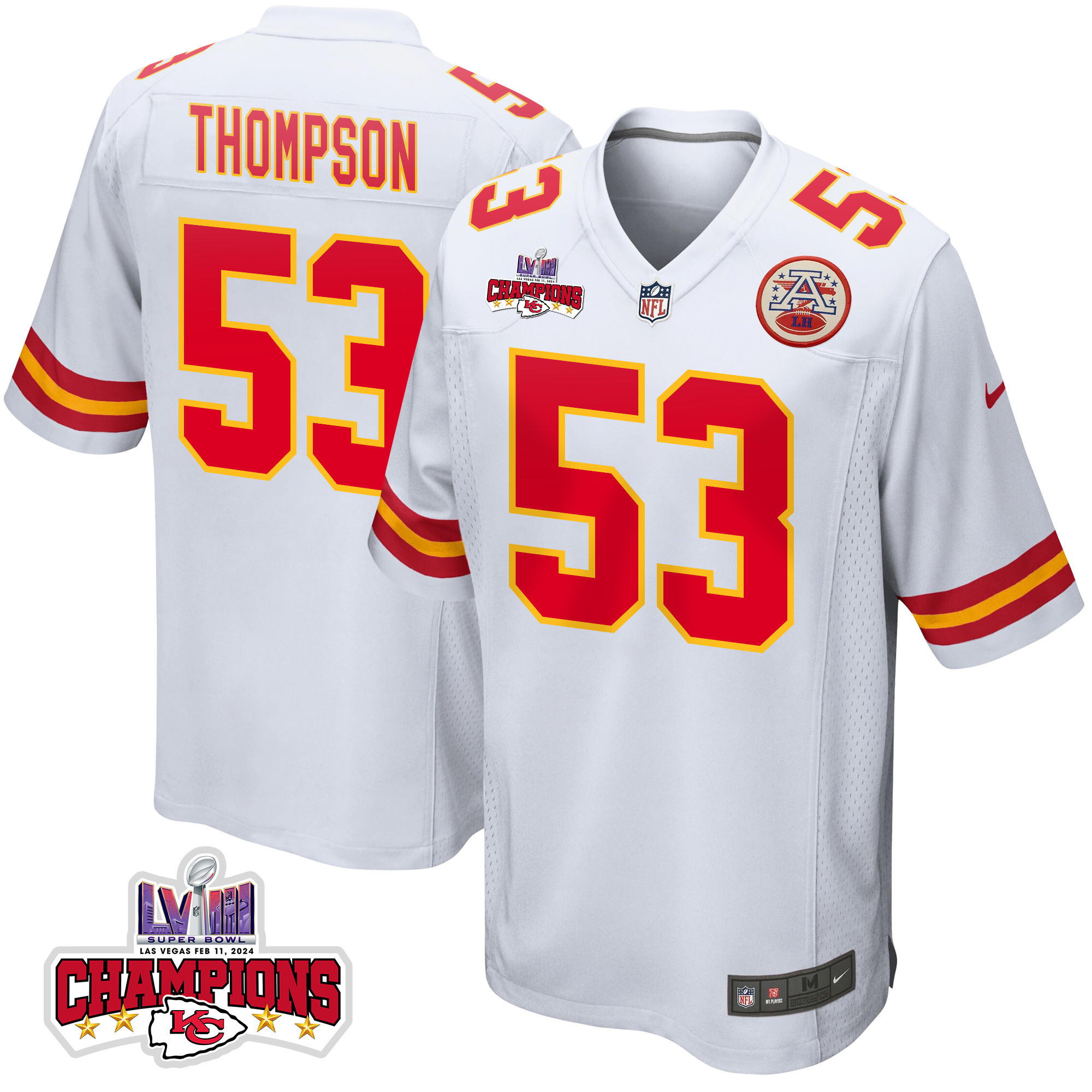 BJ Thompson 53 Kansas City Chiefs Super Bowl LVIII Champions 4 Stars Patch Game White NFL Jersey Men's