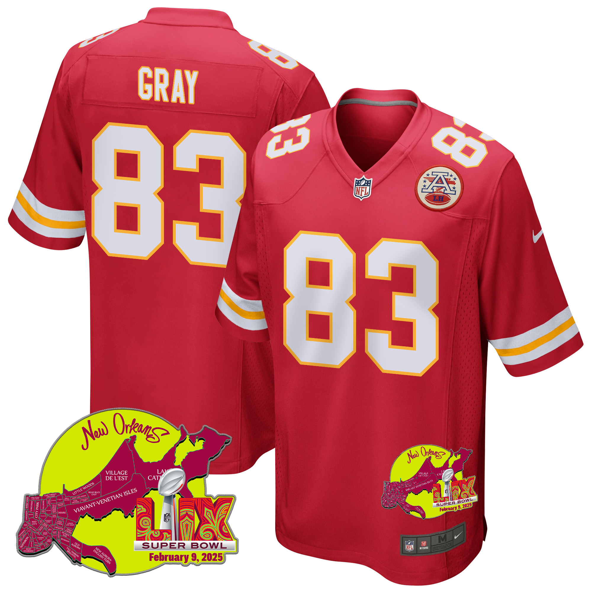 Noah Gray 83 Kansas City Chiefs Super Bowl LIX New Orleans Patch Game Red NFL Jersey Men's