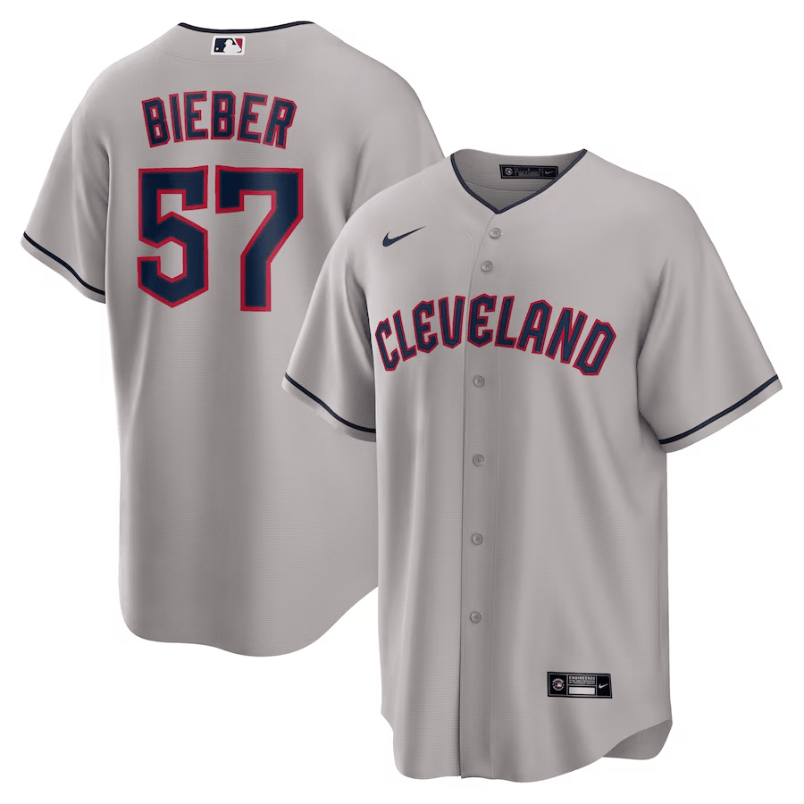 Shane Bieber 57 Cleveland Guardians Road Gray MLB Jersey Men's