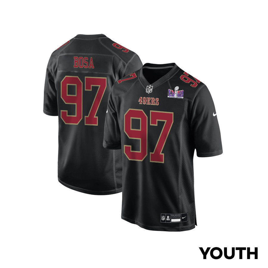 Nick Bosa 97 San Francisco 49ers Super Bowl LVIII Patch Fashion Game Carbon Black NFL Jersey Youth