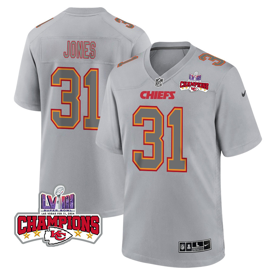 Nic Jones 31 Kansas City Chiefs Super Bowl LVIII Champions 4 Stars Patch Atmosphere Fashion Game Gray NFL Jersey Men's