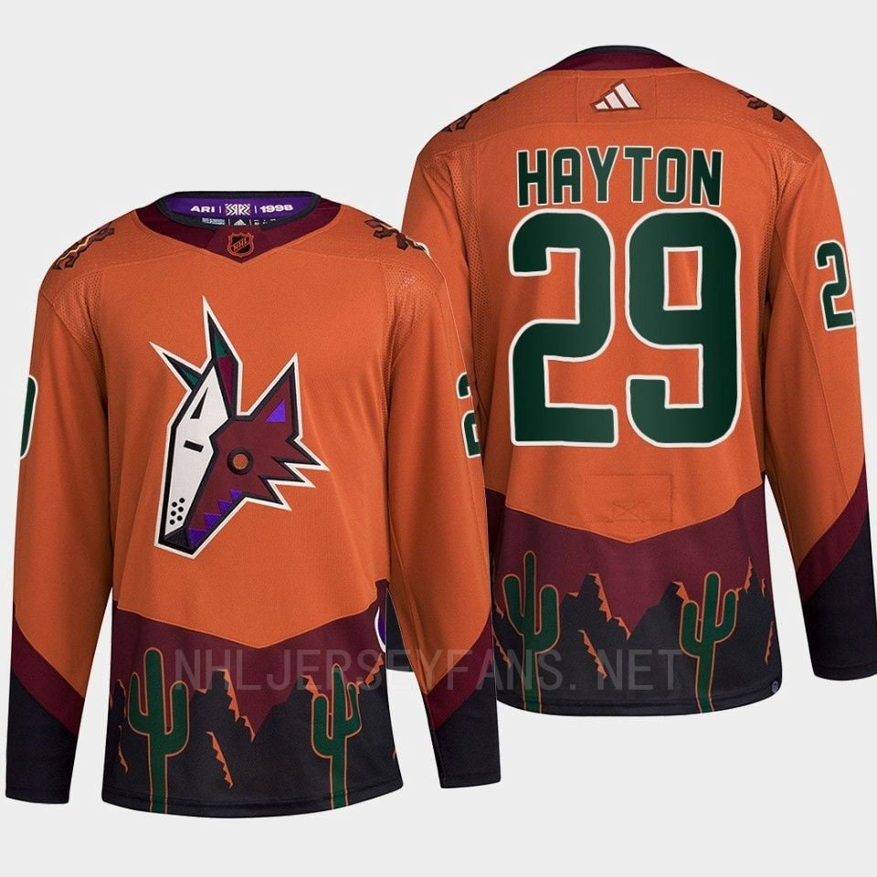 Arizona Coyotes 2022 Reverse Retro 2.0 Barrett Hayton 29 Orange Primegreen NHL Jersey Men's