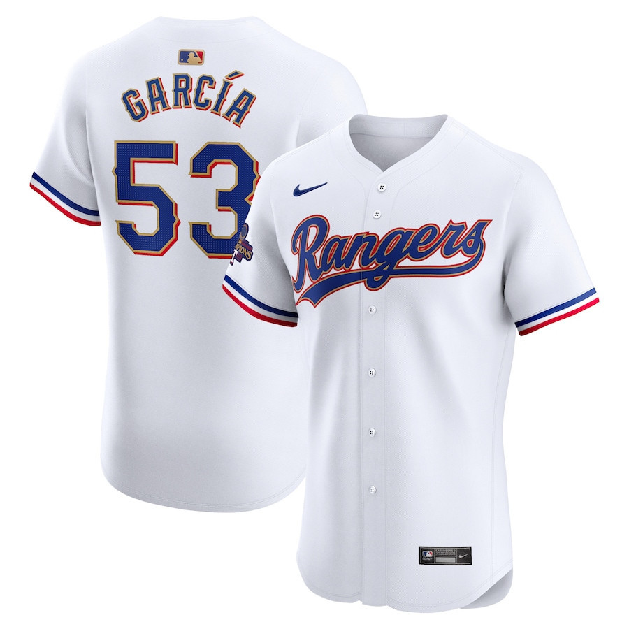 Adolis Garcia 53 Texas Rangers 2024 Gold Collection ELITE Player White MLB Jersey Men's