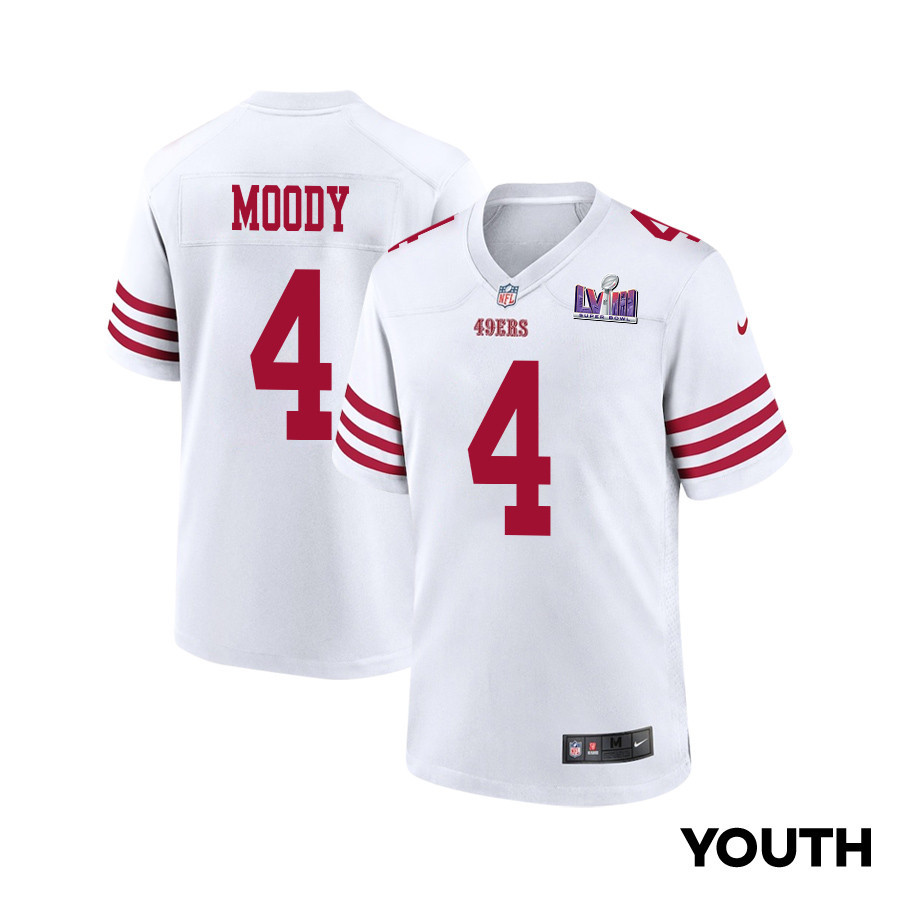 Jake Moody 4 San Francisco 49ers Super Bowl LVIII Patch Game White NFL Jersey Youth