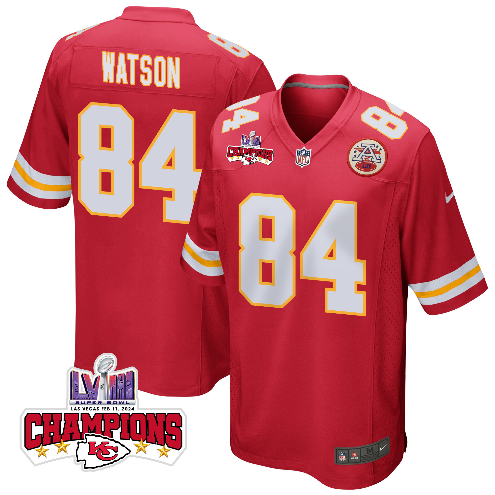 Justin Watson 84 Kansas City Chiefs Super Bowl LVIII Champions 4 Stars Patch Game Red NFL Jersey Men's