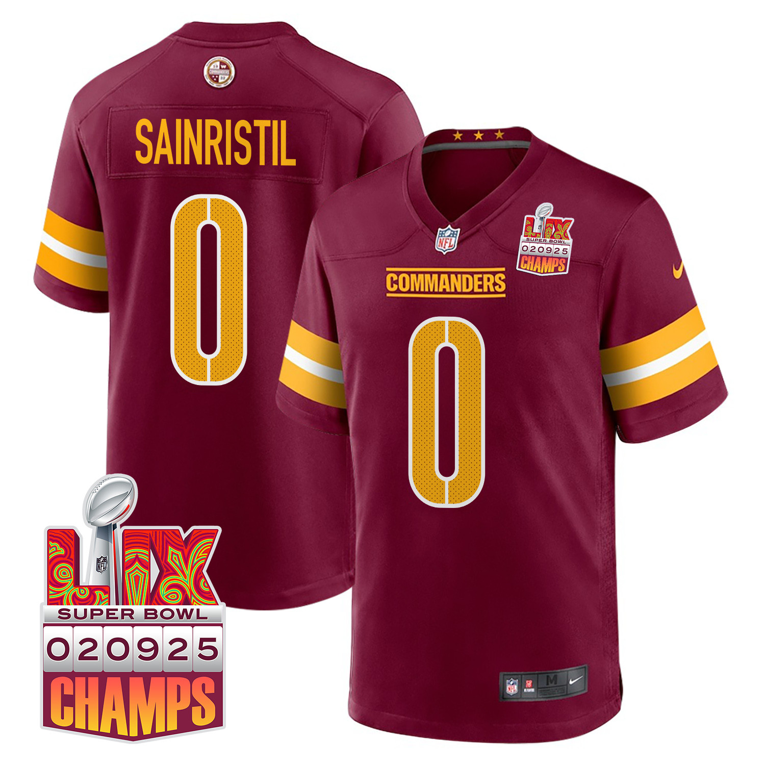 Mike Sainristil 0 Washington Commanders Super Bowl LIX Champions Patch Game Burgundy NFL Jersey Men's