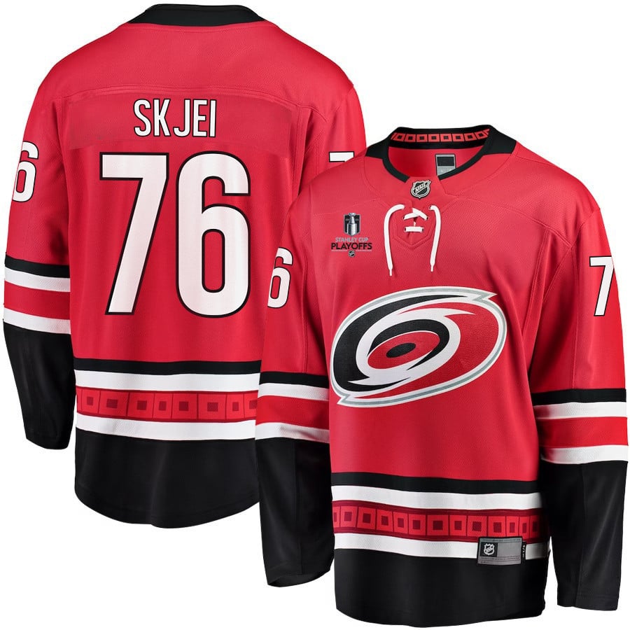 Brady Skjei 76 Carolina Hurricanes Stanley Cup 2023 Playoffs Patch Home Breakaway Red NHL Jersey Men's