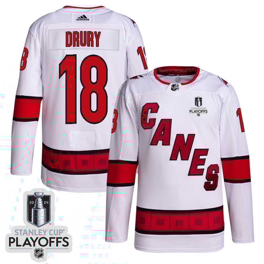 Jack Drury 18 Carolina Hurricanes 2024 Playoffs Patch Away White NHL Jersey Men's