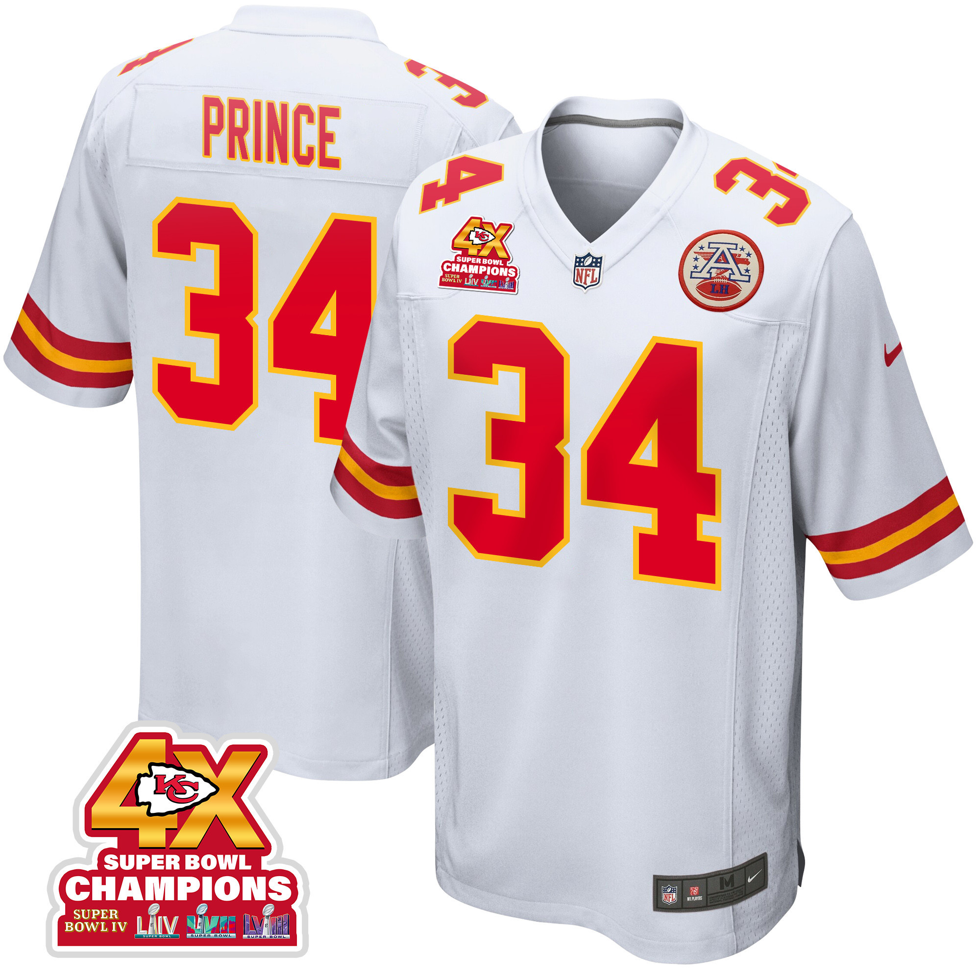 Deneric Prince 34 Kansas City Chiefs Super Bowl LVIII Champions 4X Game White NFL Jersey Men's