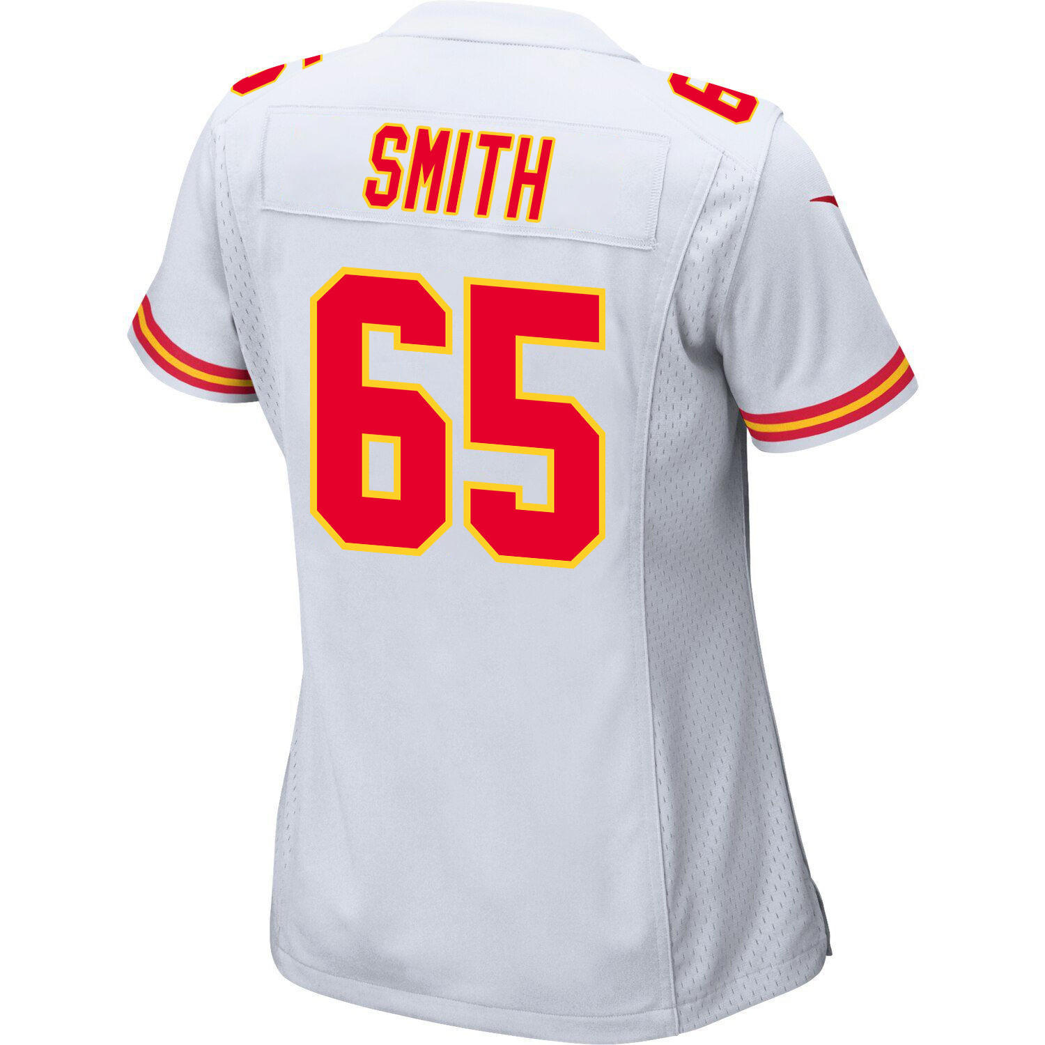Trey Smith 65 Kansas City Chiefs Super Bowl LVIII Champions 4 Stars Patch Game White NFL Jersey Women's