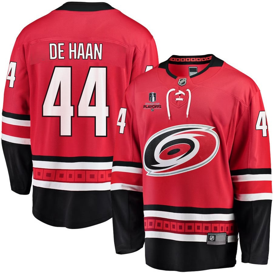 Calvin de Haan 44 Carolina Hurricanes Stanley Cup 2023 Playoffs Patch Home Breakaway Red NHL Jersey Men's