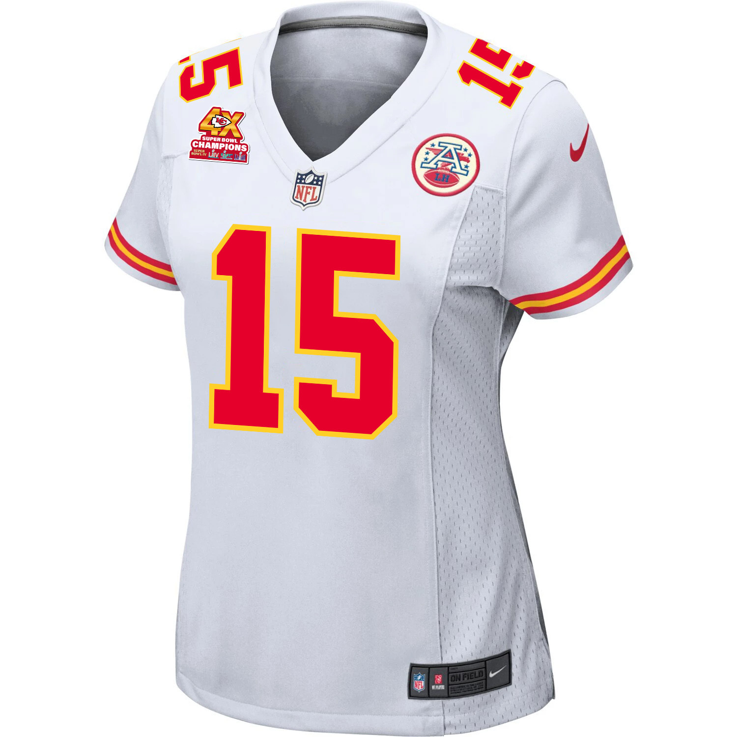 Patrick Mahomes 15 Kansas City Chiefs Super Bowl LVIII Champions 4X Game White NFL Jersey Women's