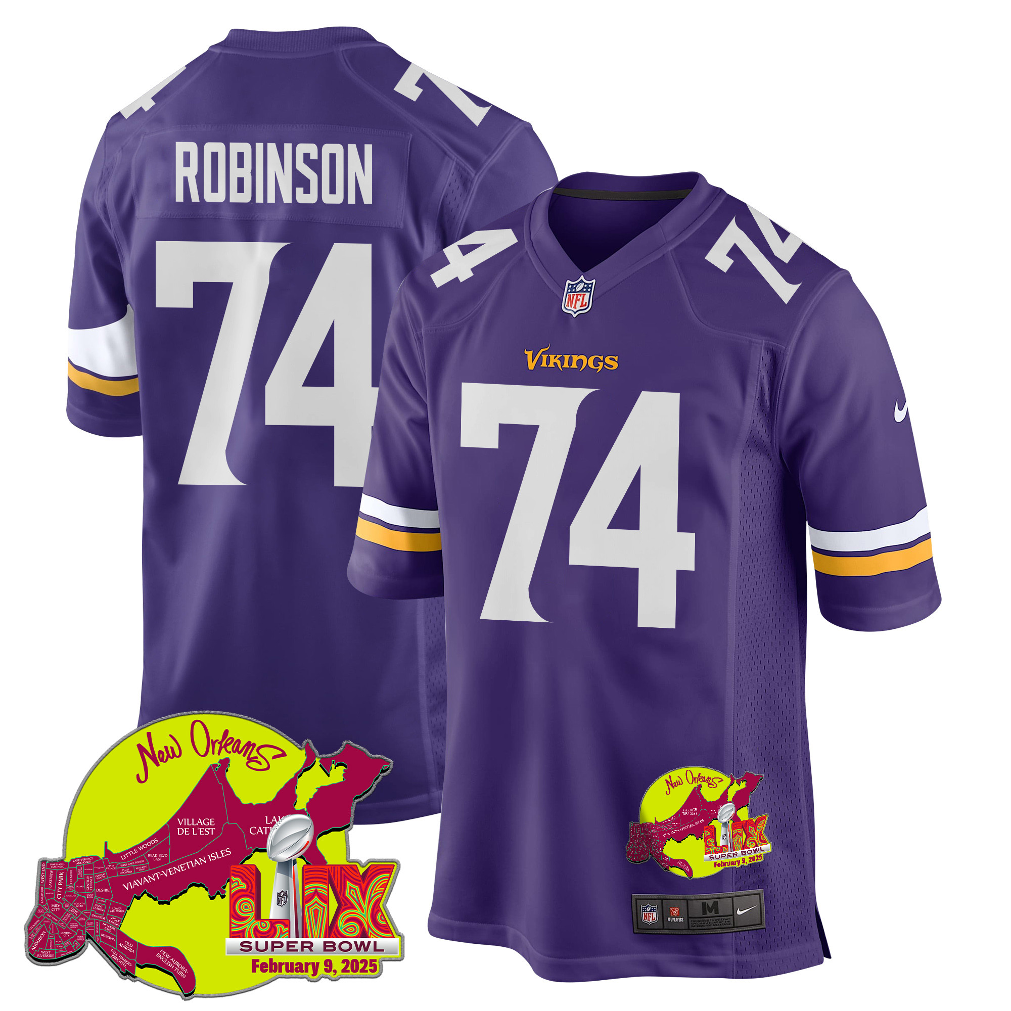 Cam Robinson 74 Minnesota Vikings Super Bowl LIX New Orleans Patch Game Purple NFL Jersey Men's