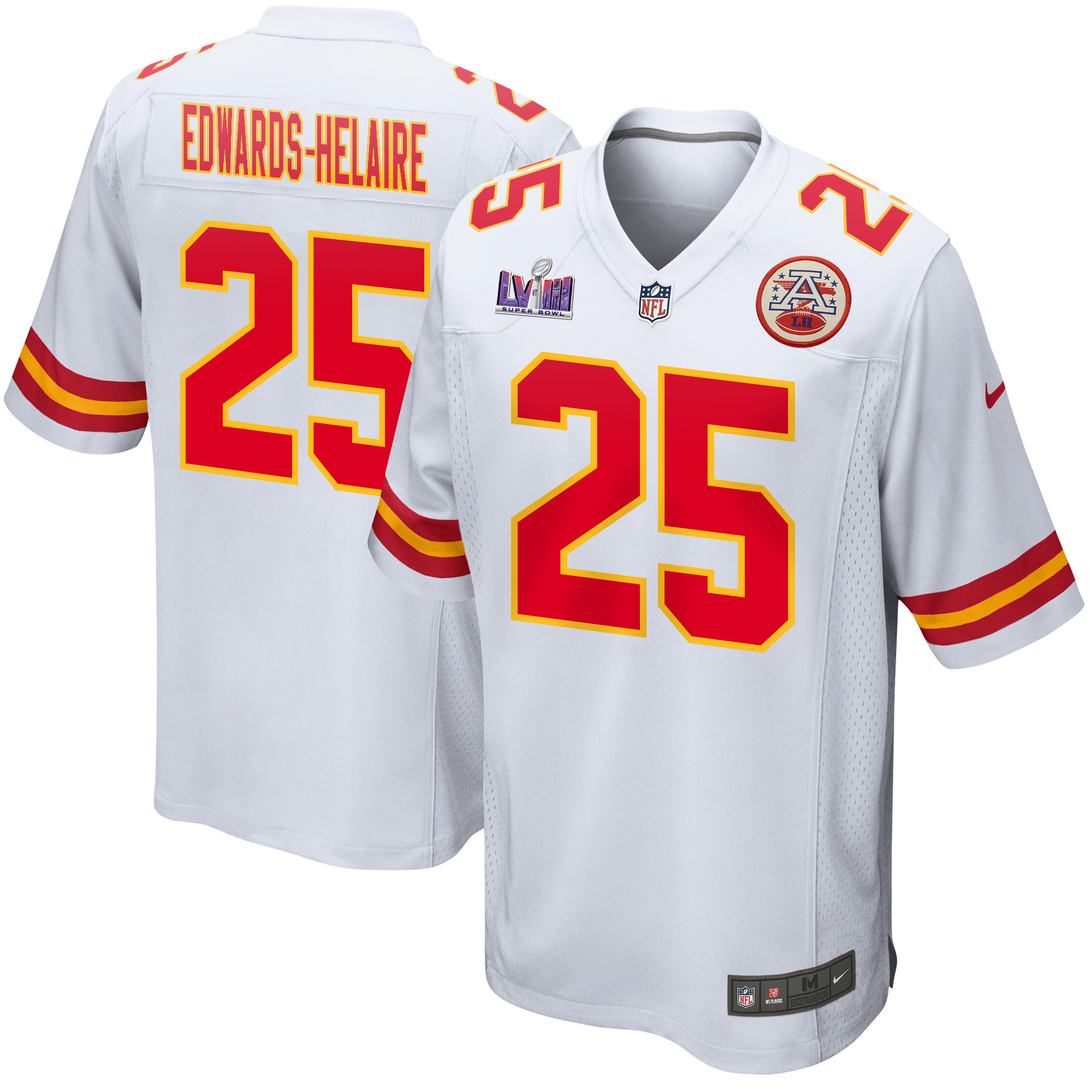Clyde Edwards-Helaire 25 Kansas City Chiefs Super Bowl LVIII Patch Game White NFL Jersey Men's