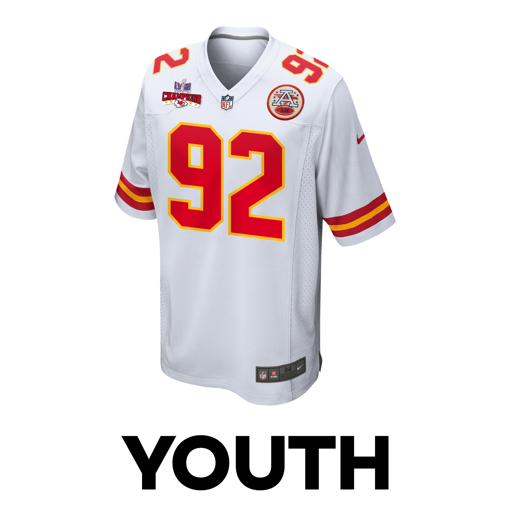 Neil Farrell 92 Kansas City Chiefs Super Bowl LVIII Champions 4 Stars Patch Game White NFL Jersey Youth