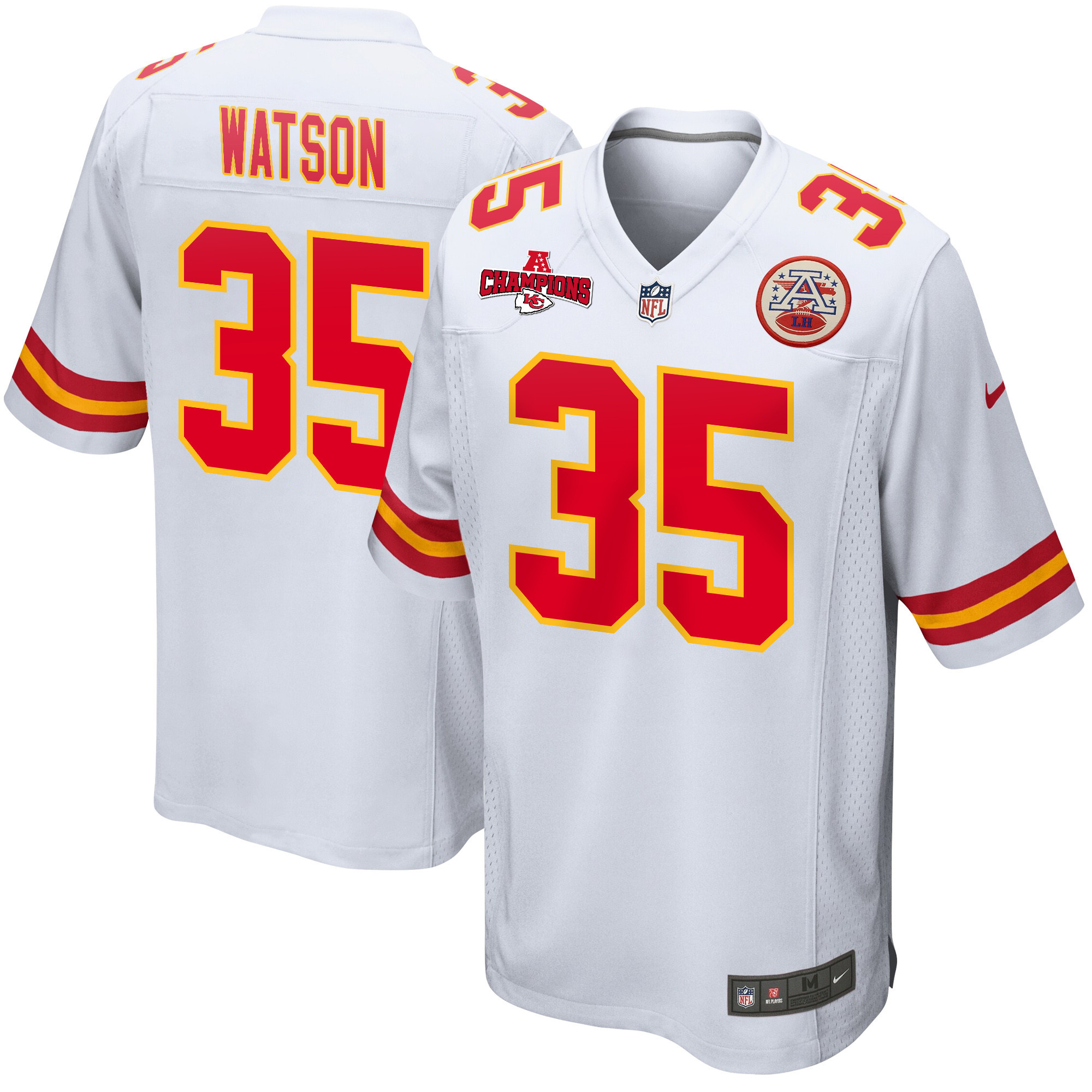 Jaylen Watson 35 Kansas City Chiefs AFC Champions Patch Game White NFL Jersey Men's