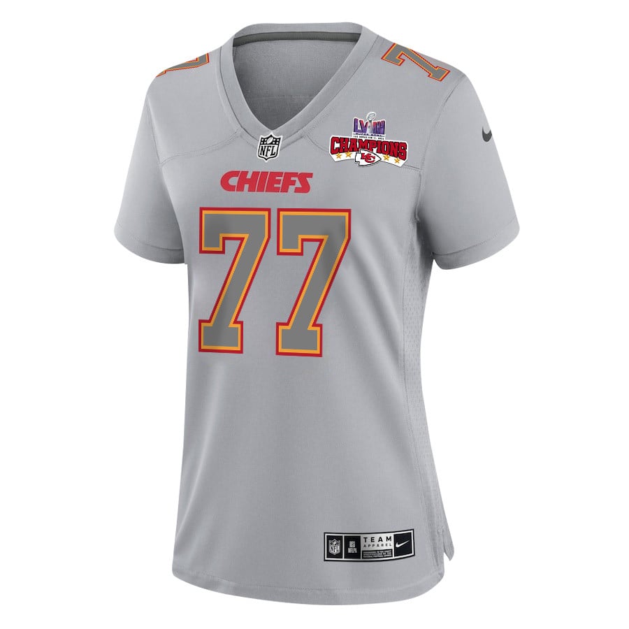 Lucas Niang 77 Kansas City Chiefs Super Bowl LVIII Champions 4 Stars Patch Atmosphere Fashion Game Gray NFL Jersey Women's