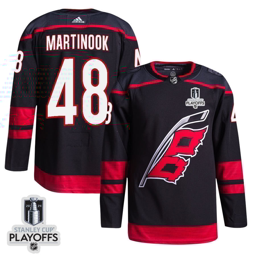 Jordan Martinook 48 Carolina Hurricanes 2024 Playoffs Patch Home Black NHL Jersey Men's