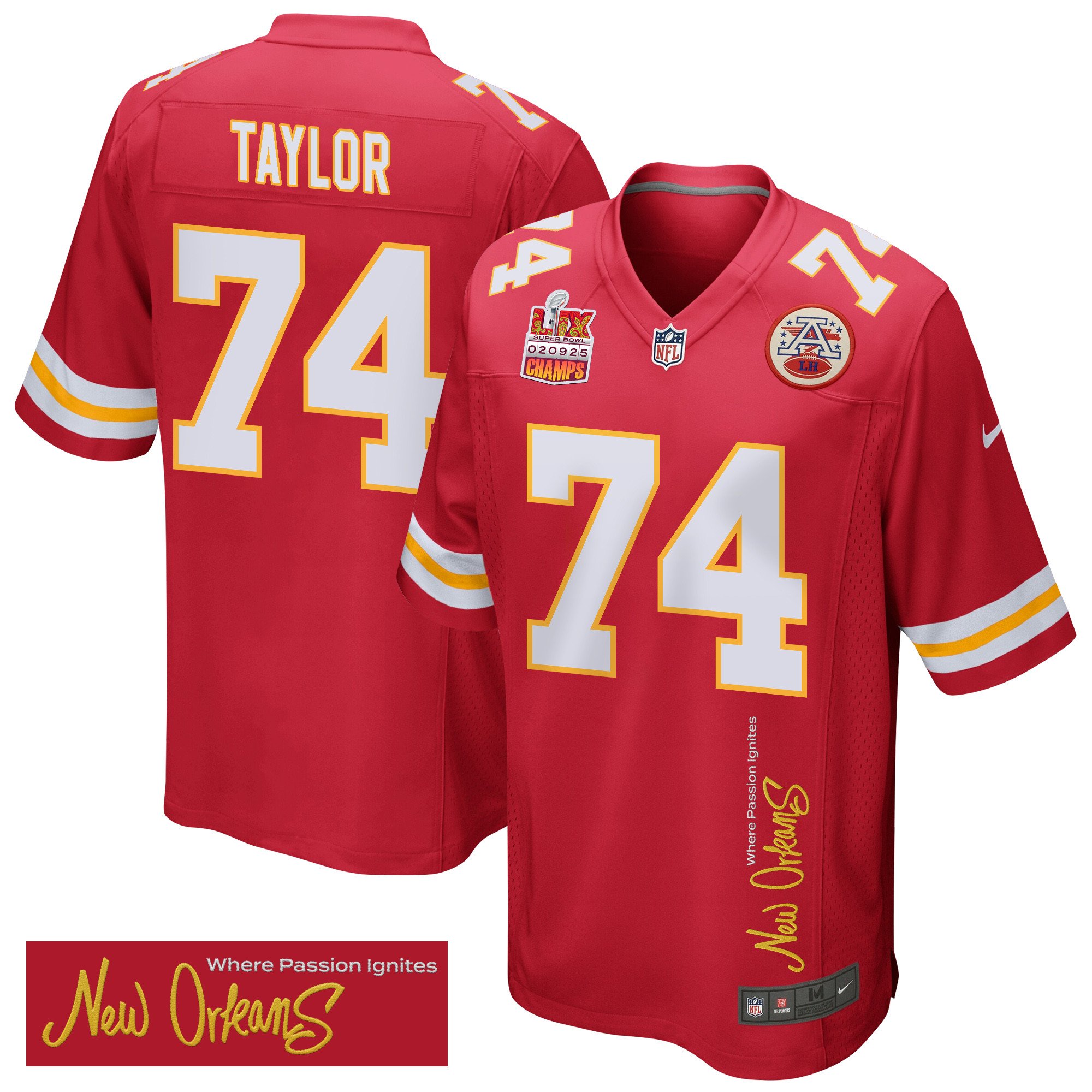 Jawaan Taylor 74 Kansas City Chiefs Super Bowl LIX Champions Patch New Orleans Where Passion Ignites' EMBROIDERED Game Red NFL Jersey Men's