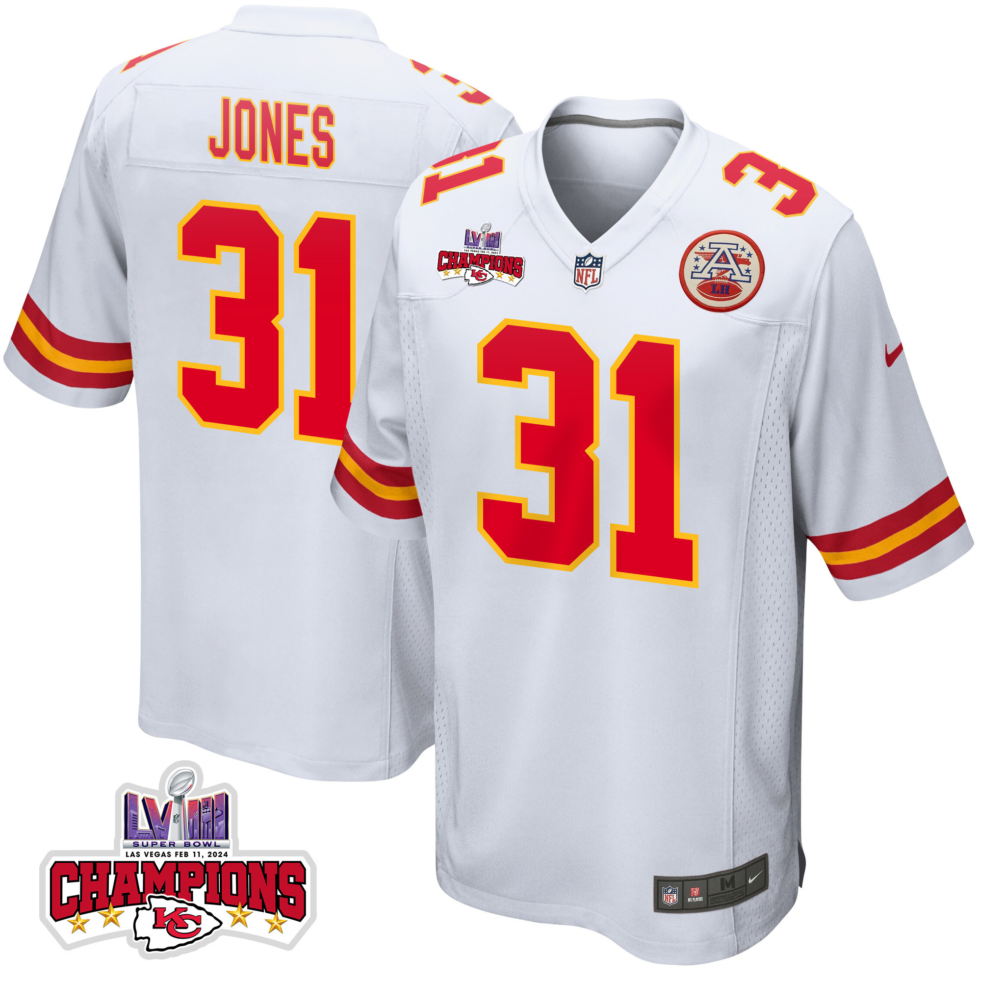 Nic Jones 31 Kansas City Chiefs Super Bowl LVIII Champions 4 Stars Patch Game White NFL Jersey Men's
