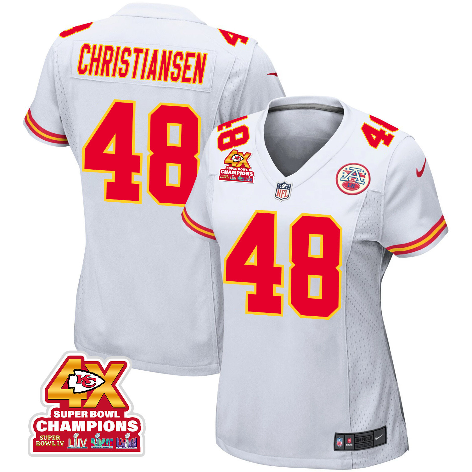 Cole Christiansen 48 Kansas City Chiefs Super Bowl LVIII Champions 4X Game White NFL Jersey Women's