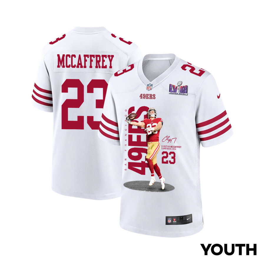 Christian McCaffrey 23 San Francisco 49ers Throwing Ball Game White NFL Jersey Youth