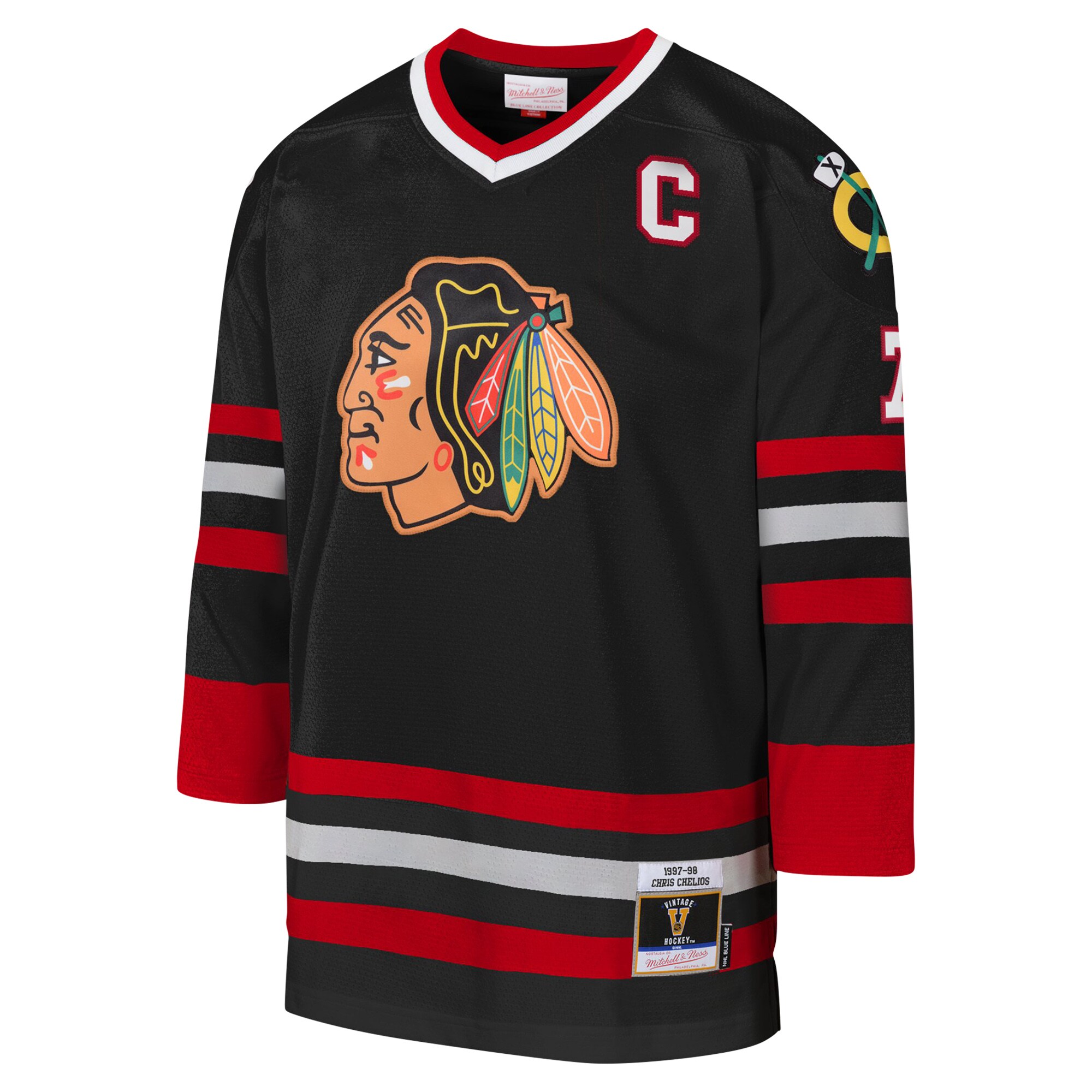 Chicago Blackhawks Chris Chelios Mitchell Ness Black 1997-98 Blue Line Captain Patch Player NHL Jersey Youth
