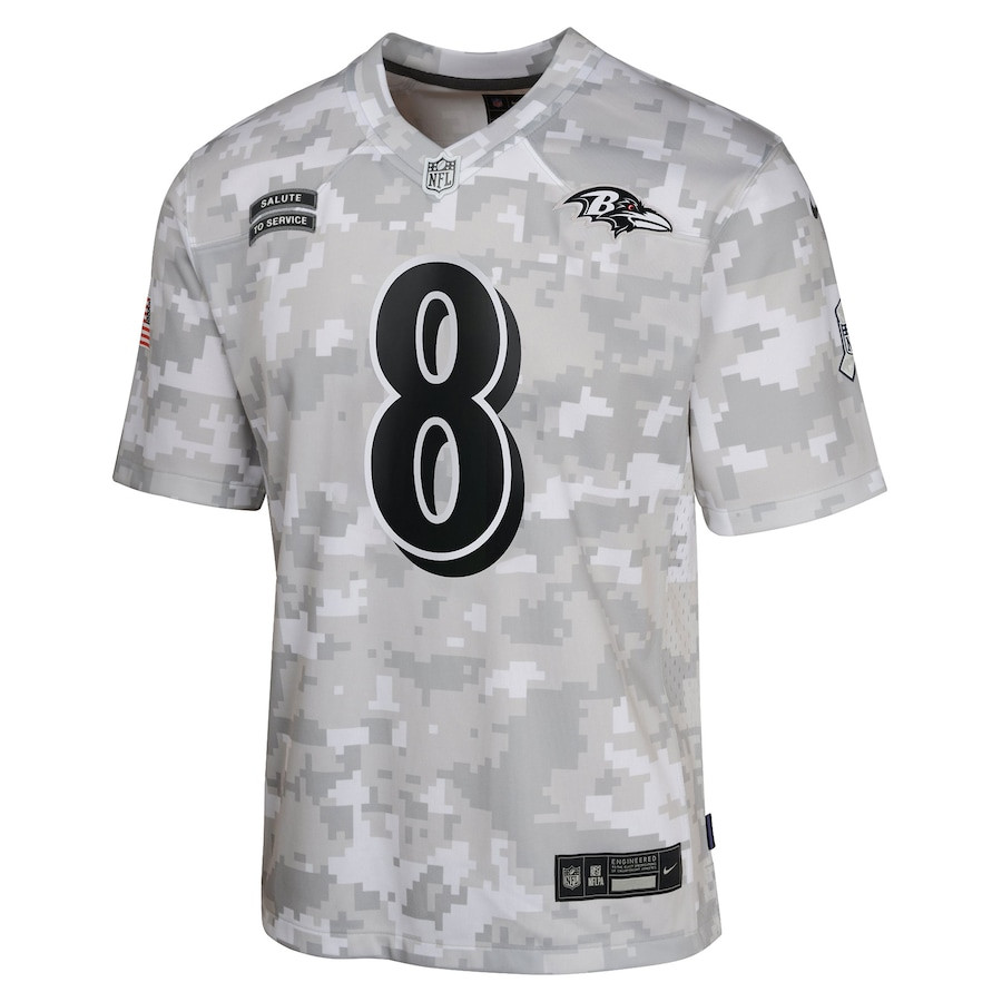 Lamar Jackson 8 Baltimore Ravens 2024 Salute to Service Game Arctic Camo NFL Jersey Youth