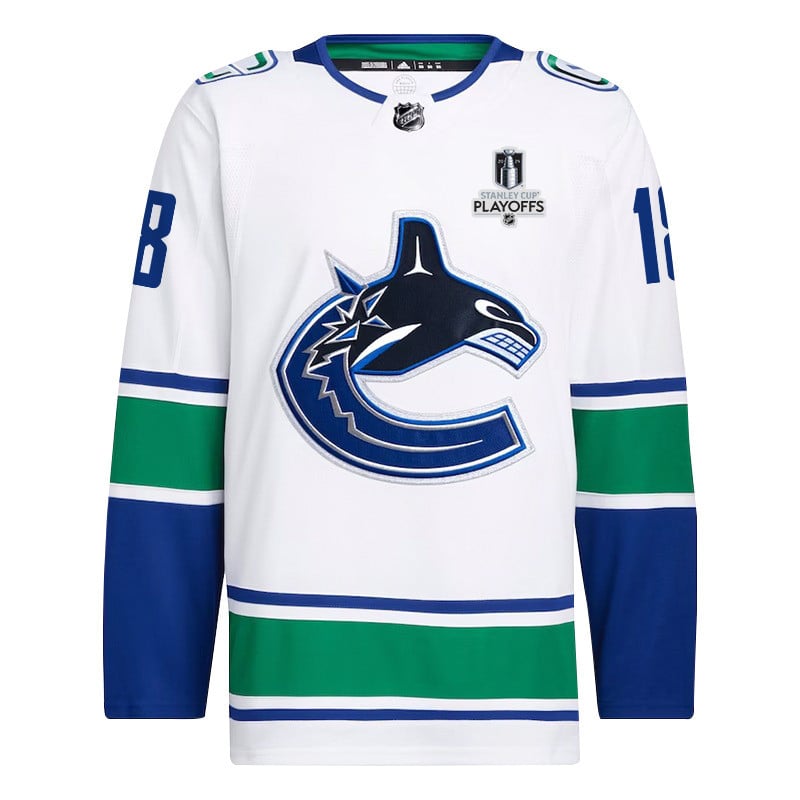Sam Lafferty 18 Vancouver Canucks 2024 Playoffs Patch Away White NHL Jersey Men's