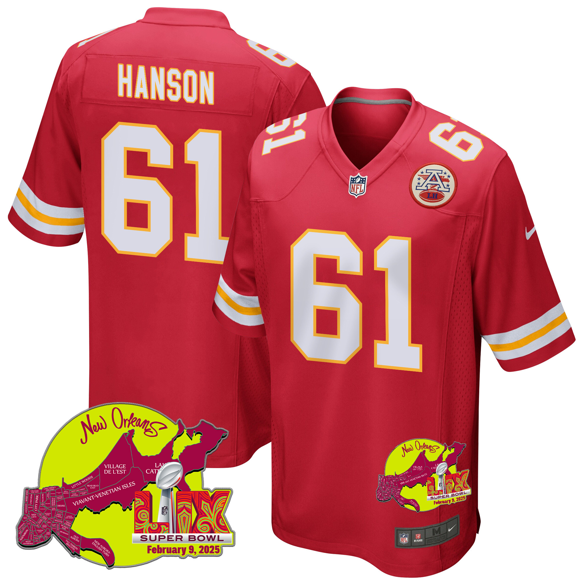 C.J. Hanson 61 Kansas City Chiefs Super Bowl LIX New Orleans Patch Game Red NFL Jersey Men's
