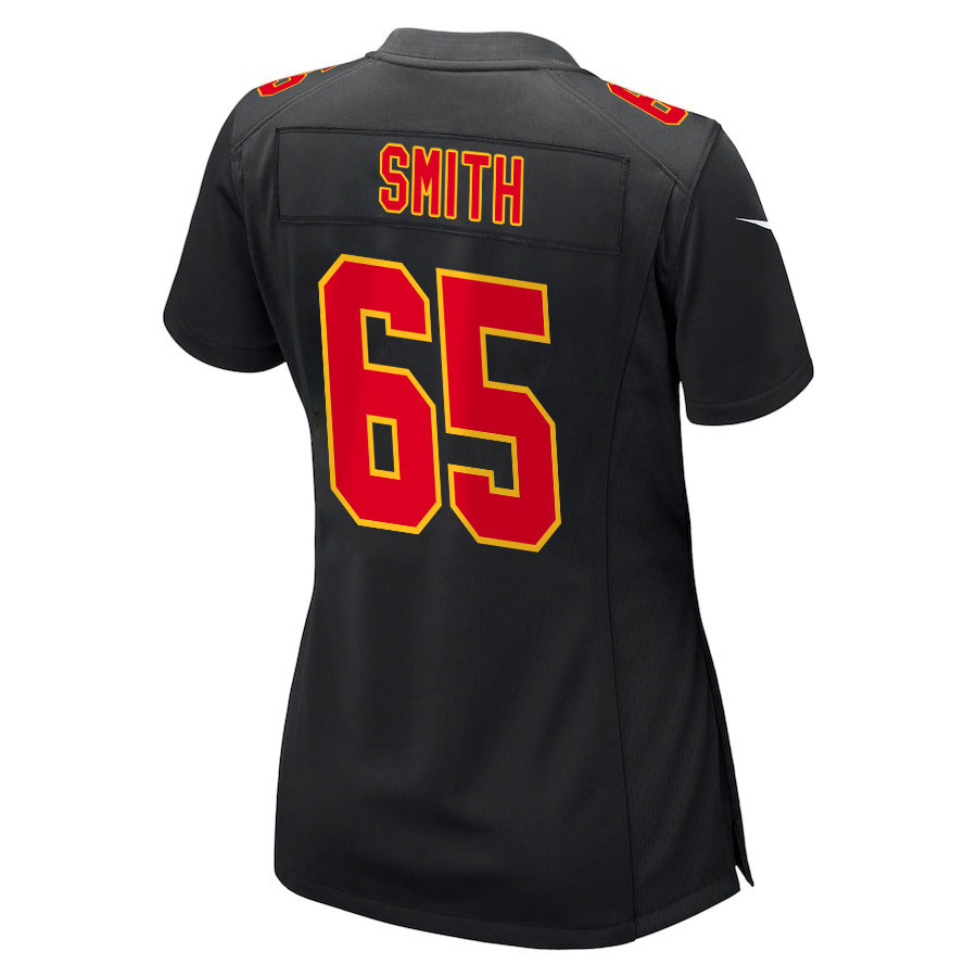 Trey Smith 65 Kansas City Chiefs Super Bowl LVIII Champions 4 Stars Patch Fashion Game Carbon Black NFL Jersey Women's