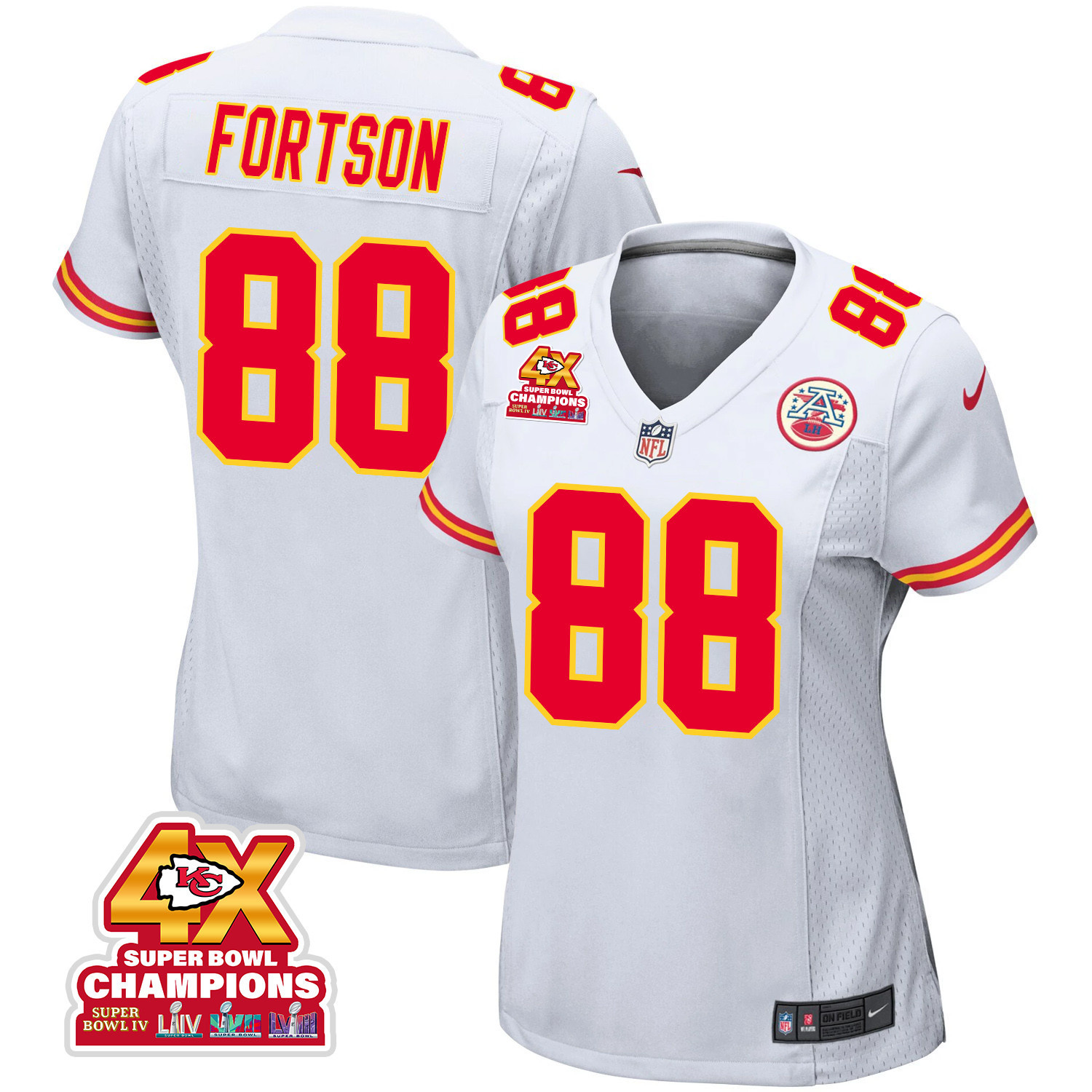 Jody Fortson 88 Kansas City Chiefs Super Bowl LVIII Champions 4X Game White NFL Jersey Women's