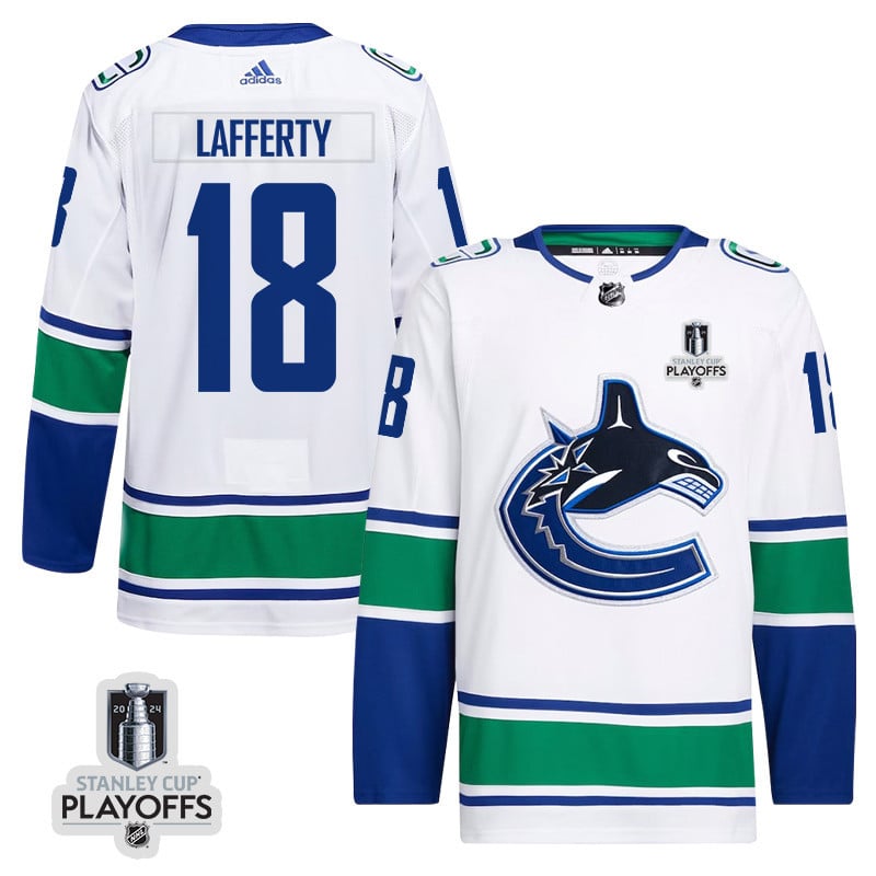 Sam Lafferty 18 Vancouver Canucks 2024 Playoffs Patch Away White NHL Jersey Men's