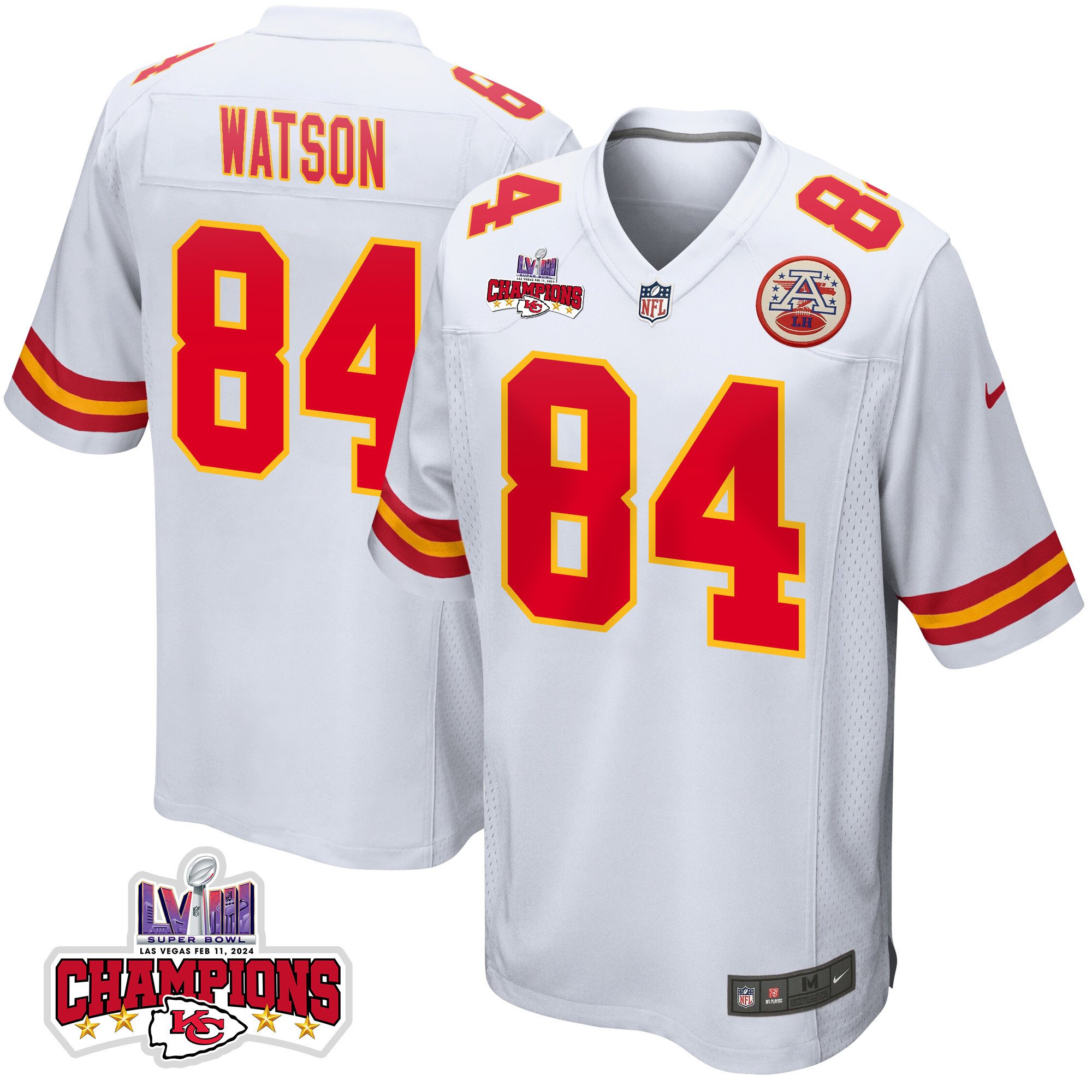 Justin Watson 84 Kansas City Chiefs Super Bowl LVIII Champions 4 Stars Patch Game White NFL Jersey Men's