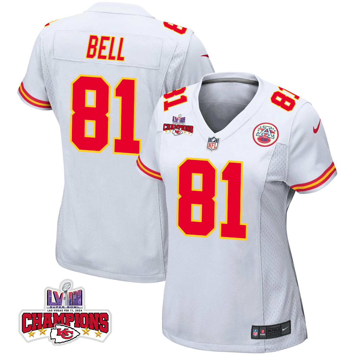 Blake Bell 81 Kansas City Chiefs Super Bowl LVIII Champions 4 Stars Patch Game White NFL Jersey Women's