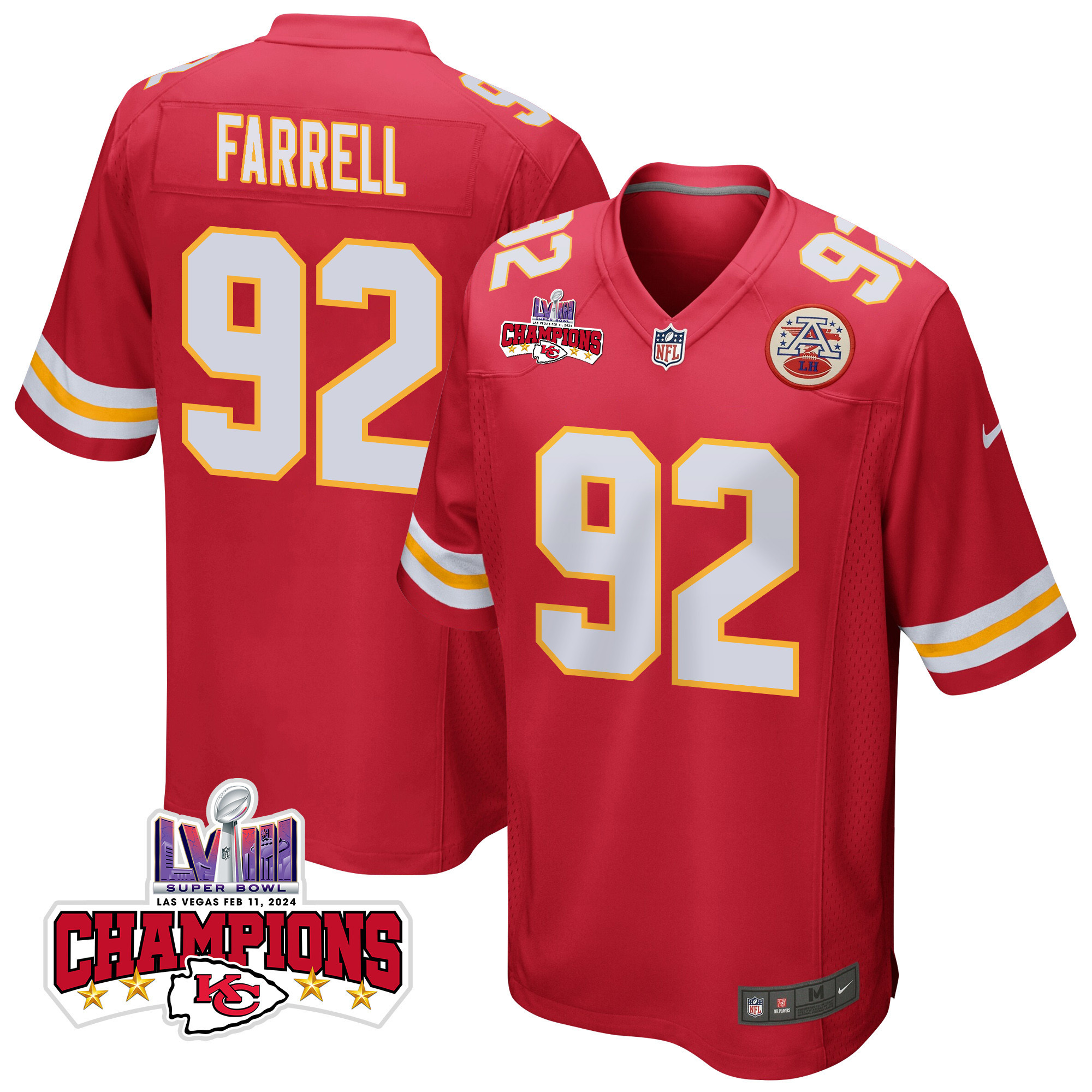 Neil Farrell 92 Kansas City Chiefs Super Bowl LVIII Champions 4 Stars Patch Game Red NFL Jersey Men's