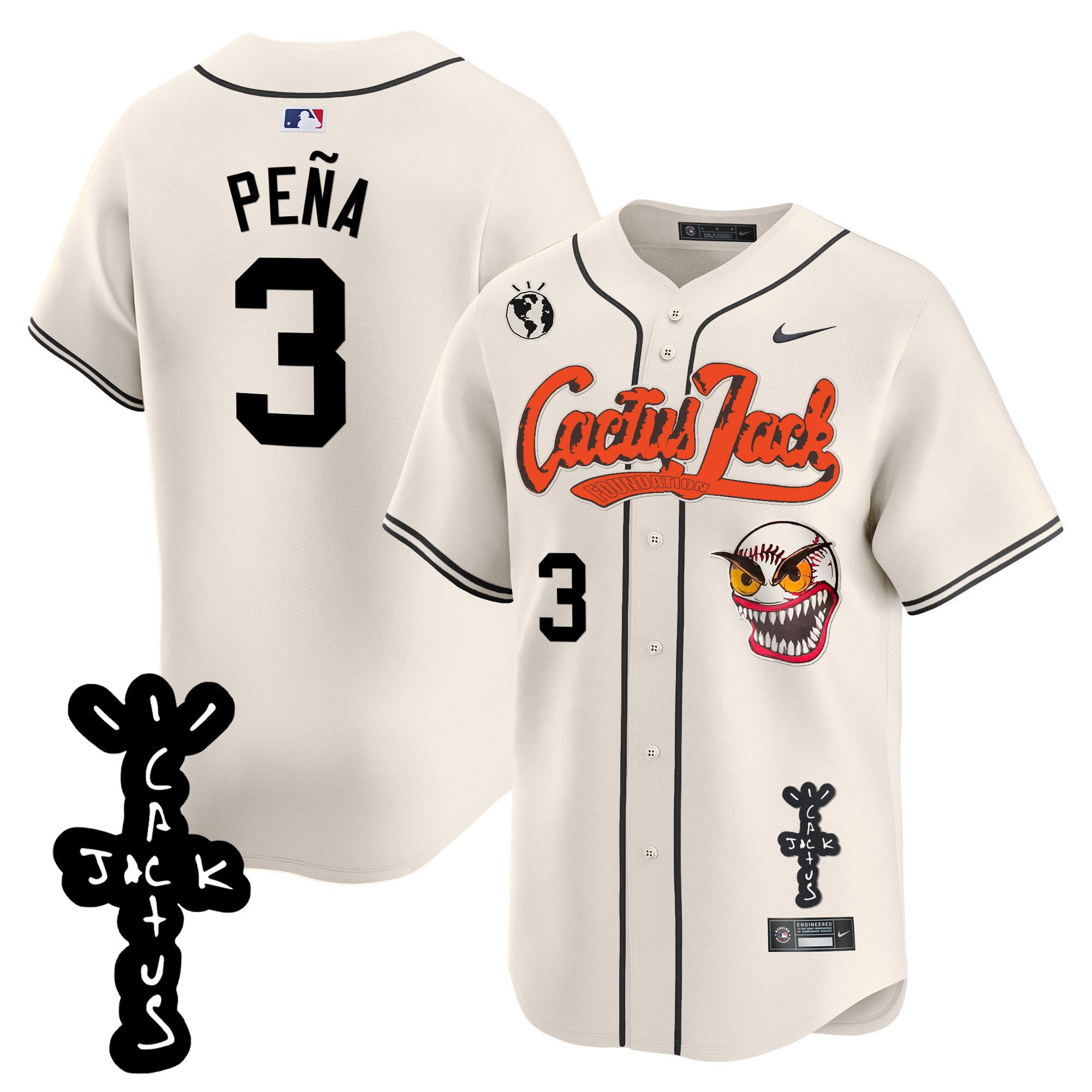 Jeremy Pena 3 Houston Astros Cactus Jack Patch V2 Cream MLB Jersey Men's