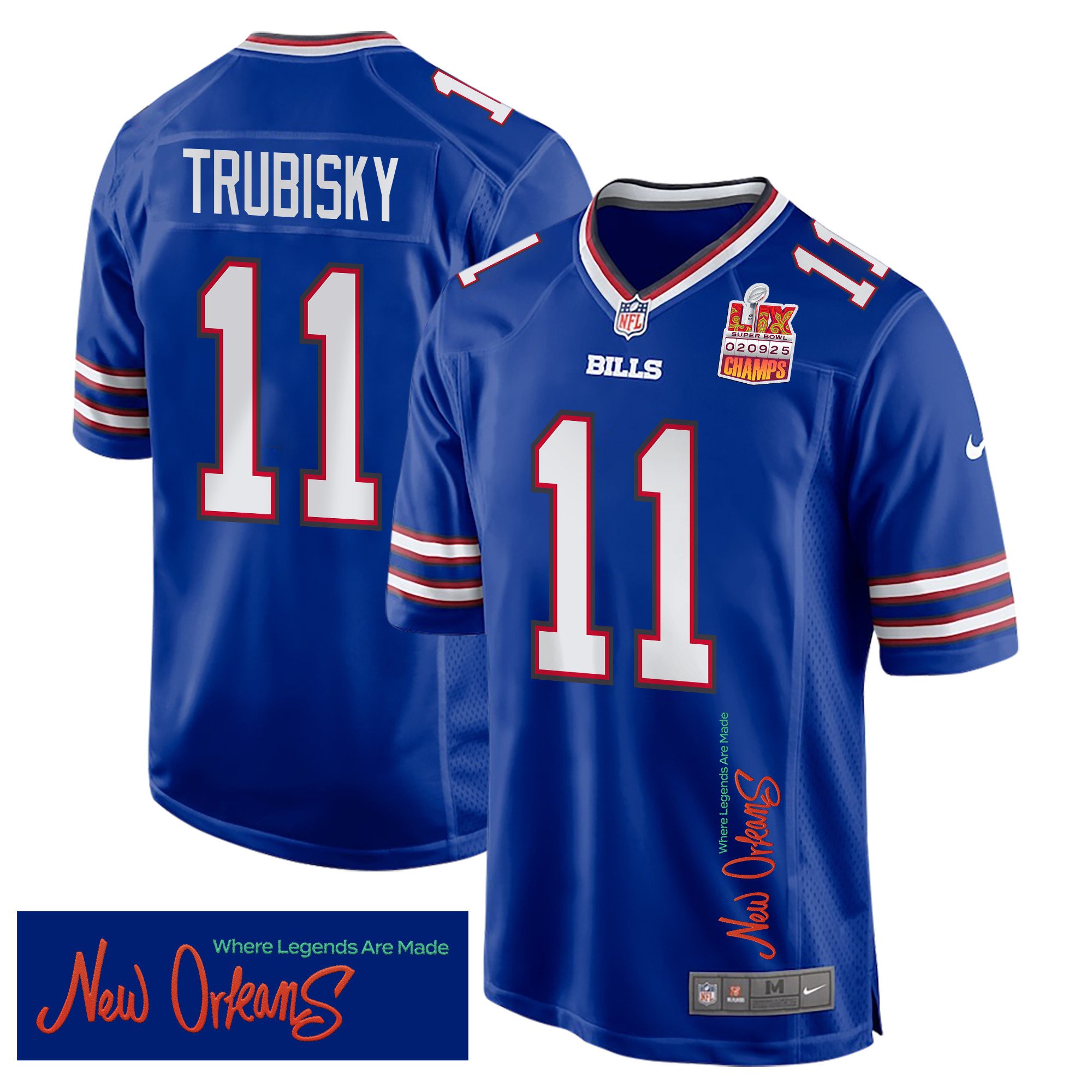 Mitchell Trubisky 11 Buffalo Bills Super Bowl LIX Champions Patch New Orleans Where Legends Are Made' EMBROIDERED Game Royal NFL Jersey Men's