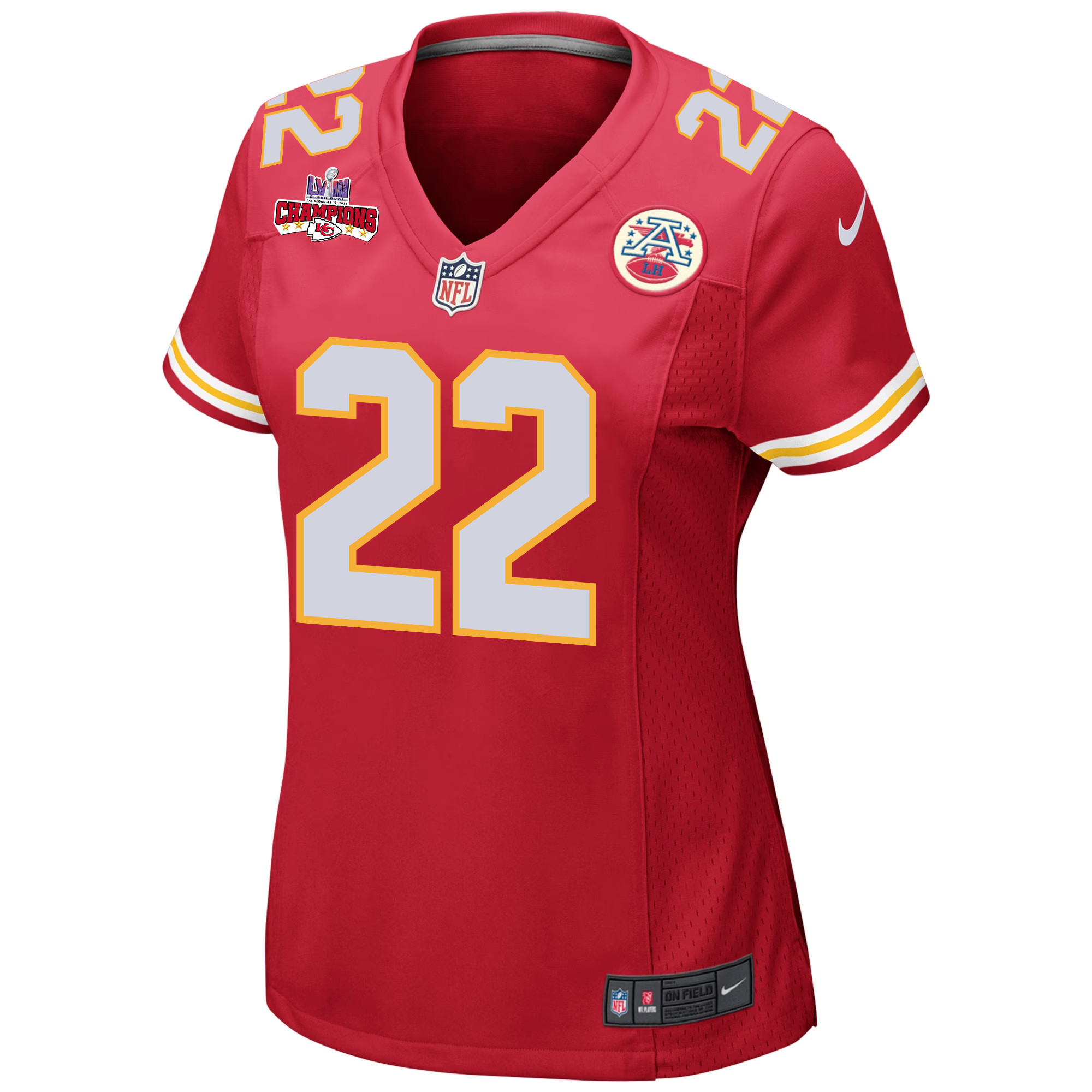 Trent McDuffie 22 Kansas City Chiefs Super Bowl LVIII Champions 4 Stars Patch Game Red NFL Jersey Women's