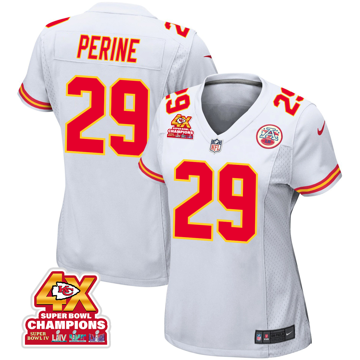 La'Mical Perine 29 Kansas City Chiefs Super Bowl LVIII Champions 4X Game White NFL Jersey Women's
