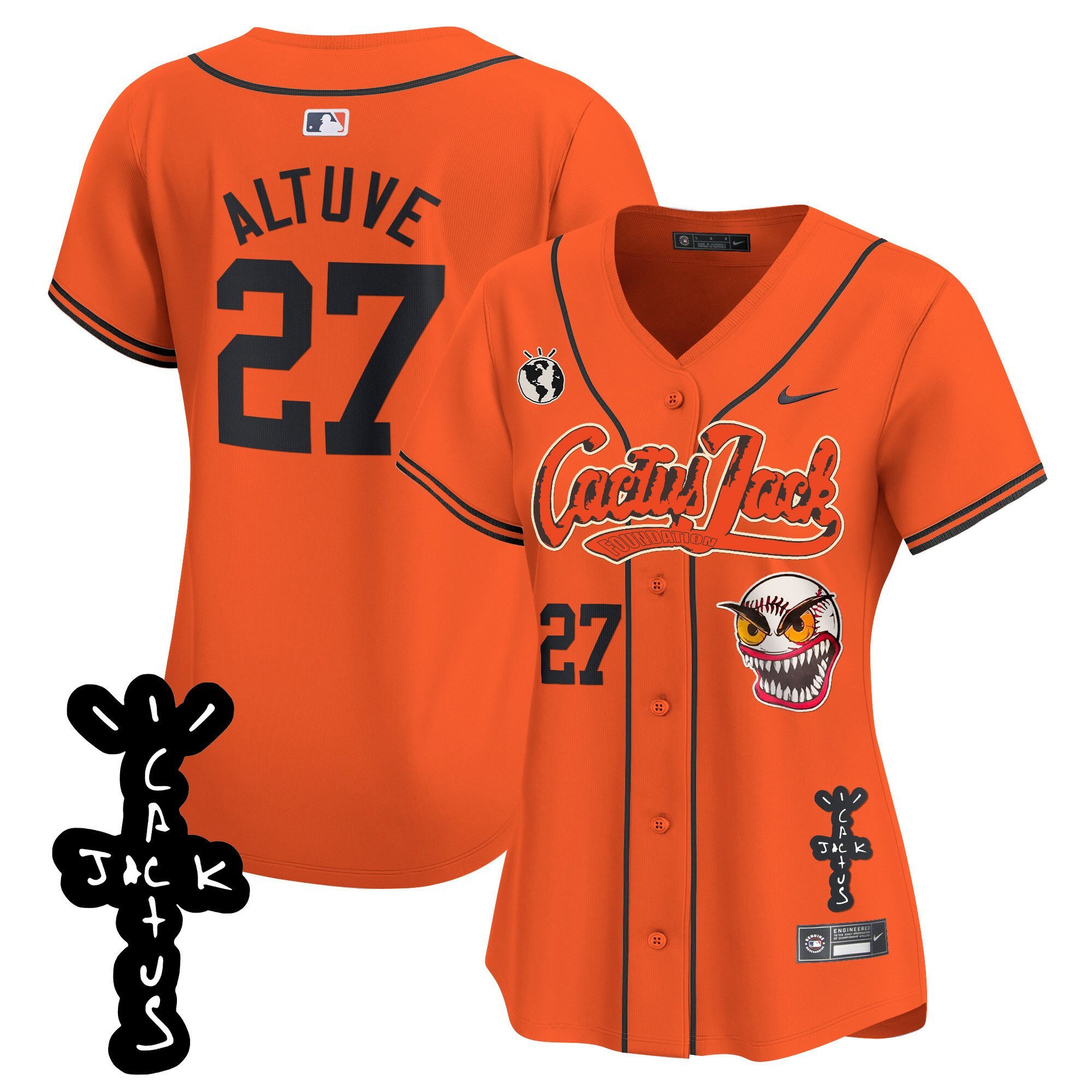 Jose Altuve 27 Houston Astros Cactus Jack Patch V2 Orange MLB Jersey Women's