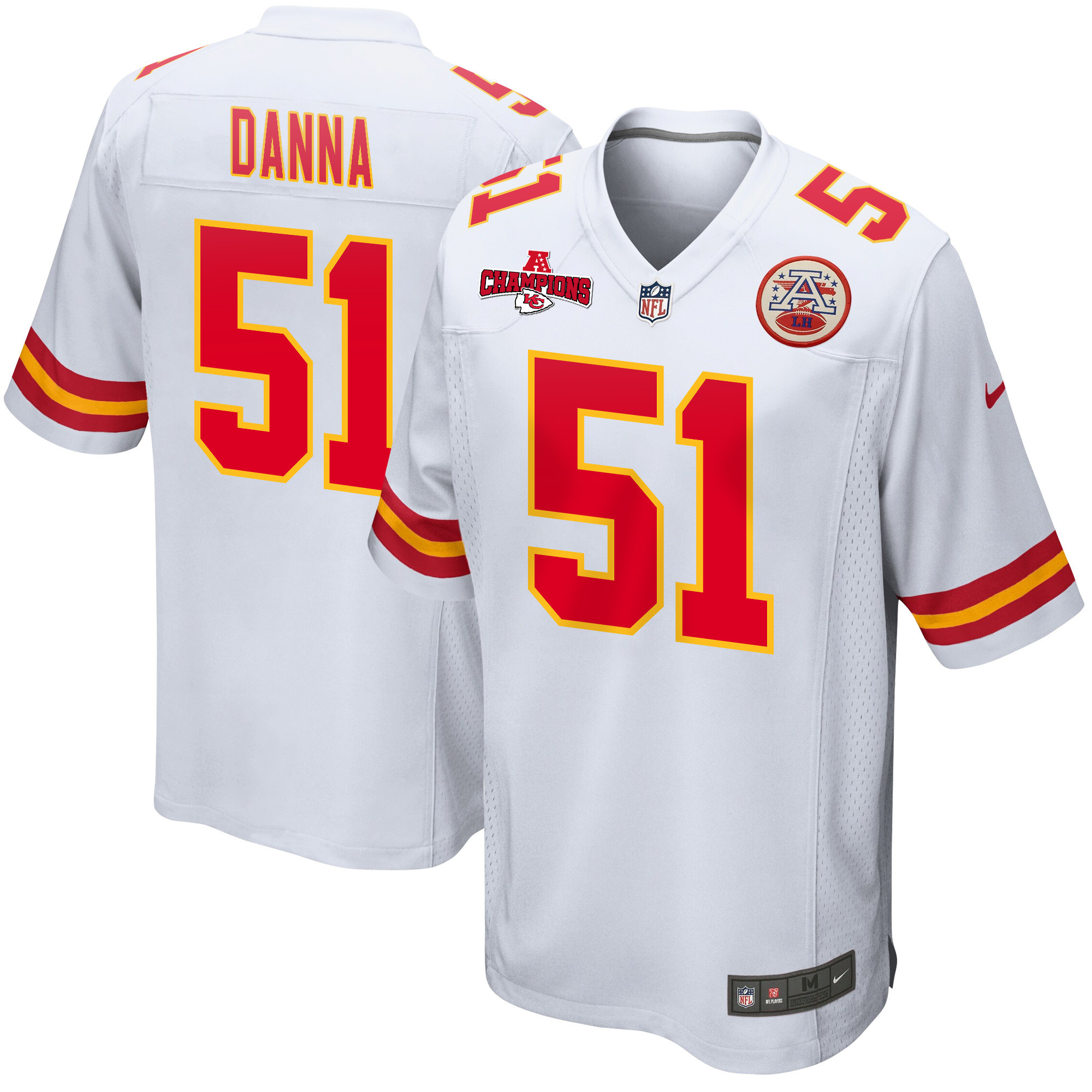Mike Danna 51 Kansas City Chiefs AFC Champions Patch Game White NFL Jersey Men's