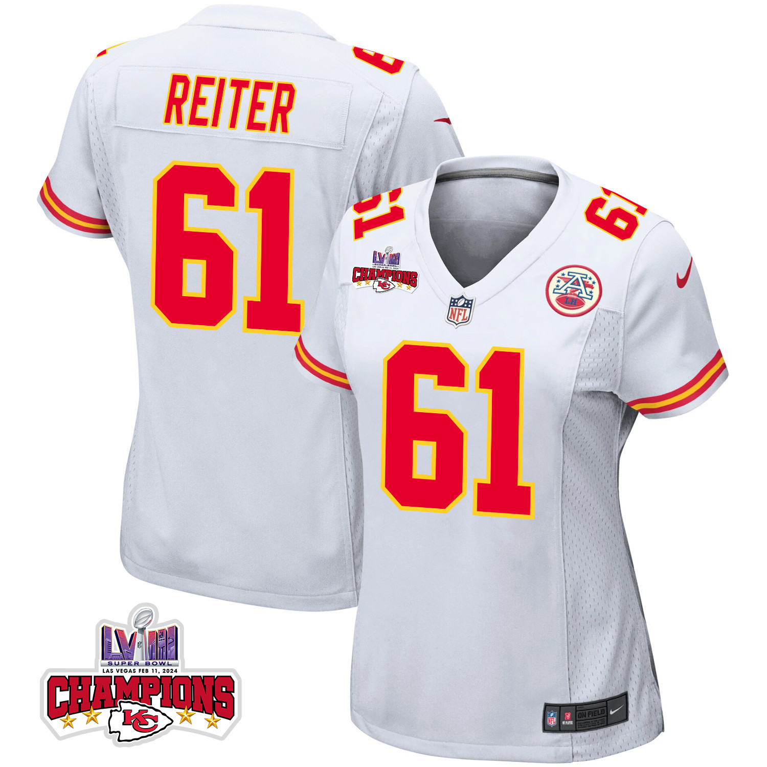 Austin Reiter 61 Kansas City Chiefs Super Bowl LVIII Champions 4 Stars Patch Game White NFL Jersey Women's
