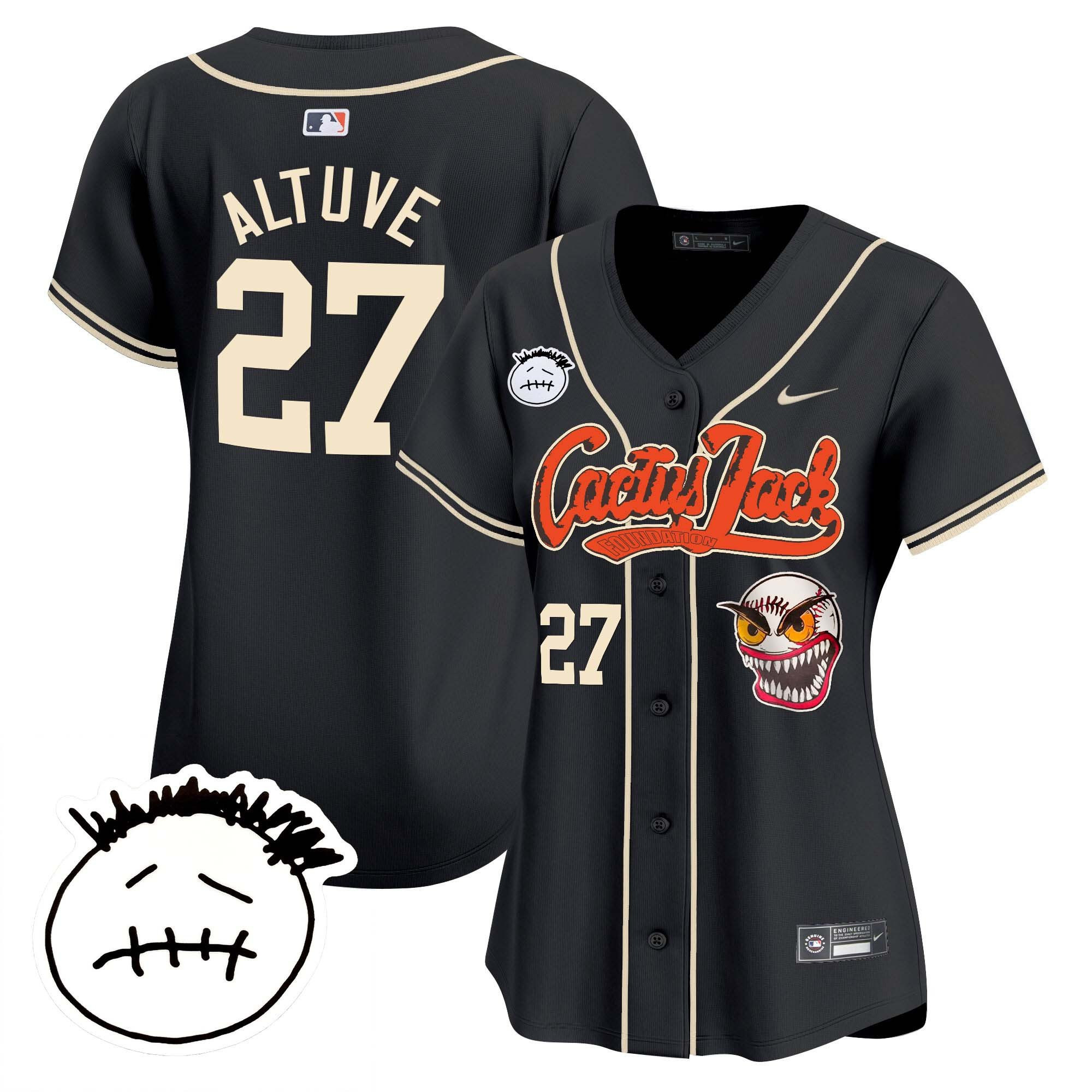 Jose Altuve 27 Houston Astros Cactus Jack Patch V3 Black MLB Jersey Women's